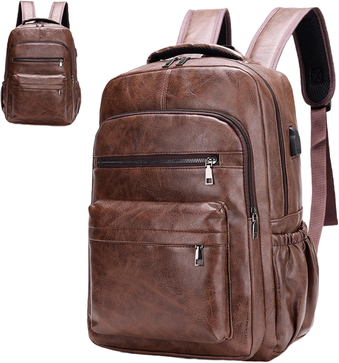 Leather Backpack for Men, 11X15.7Inch Vintage PU Leather Backpack with Multi-Pockets, Waterproof Shoulder Daypacks for Business Travel Hiking image number 4