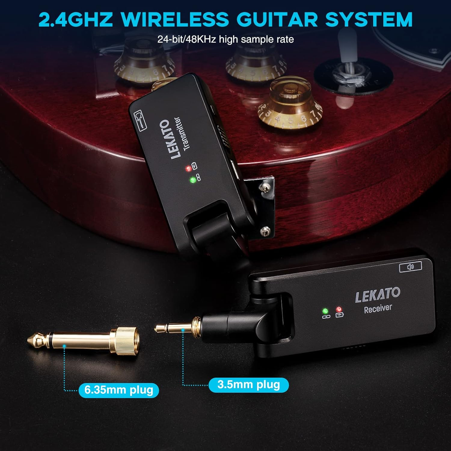 LEKATO Wireless Guitar System with Charging Case, Rechargeable 2.4Ghz Wireless Transmitter Receiver Guitar Wireless System 4 Channels with Dual Plugs 3.5Mm/6.35Mm,(Ws-100) image number 1