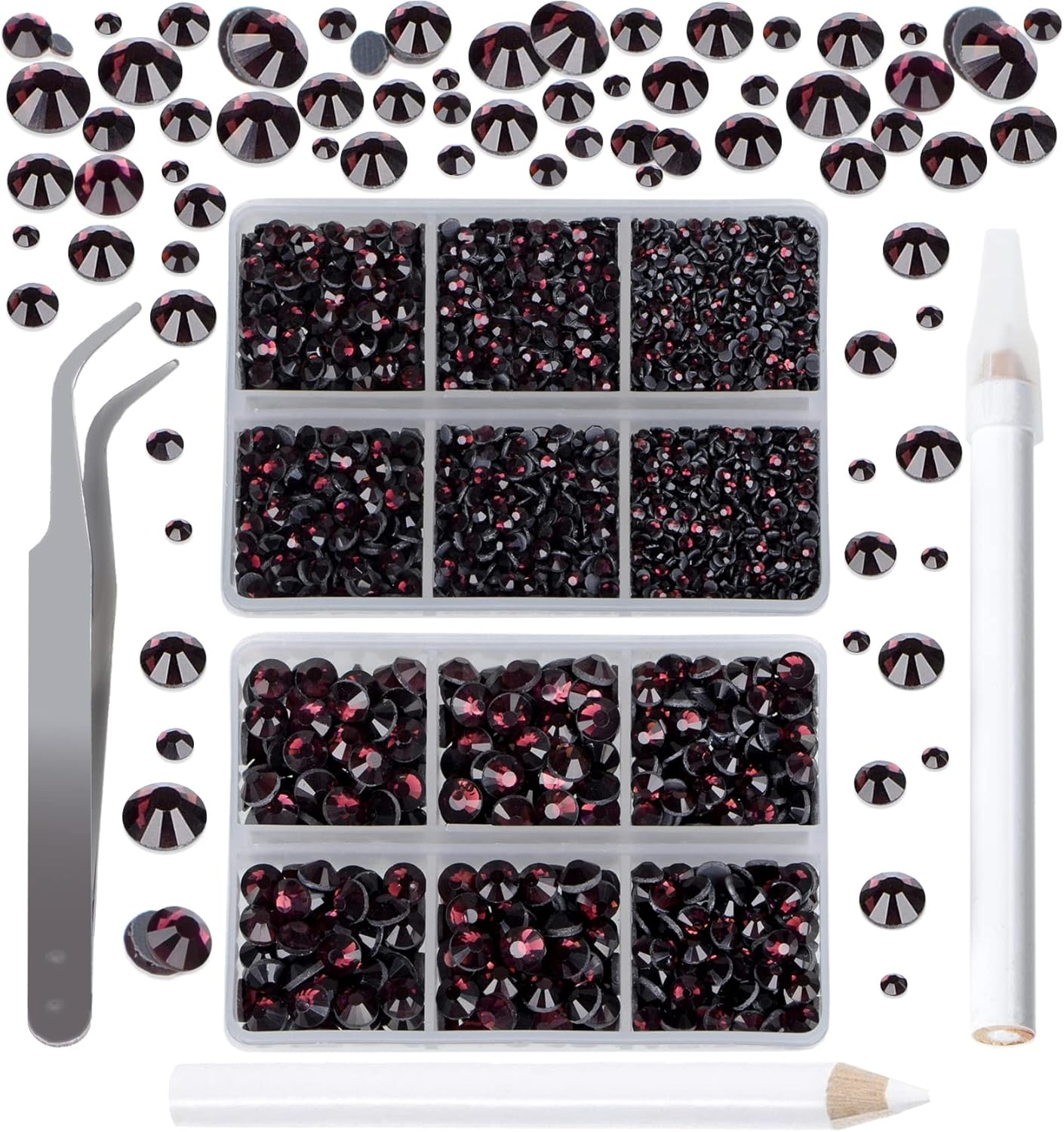 QOGIR 6300Pcs Fuchsia Hotfix Rhinestones for Crafts Clothes DIY with Tweezers and 2 Picking Pens Mixed Size Flatback Rhinestone