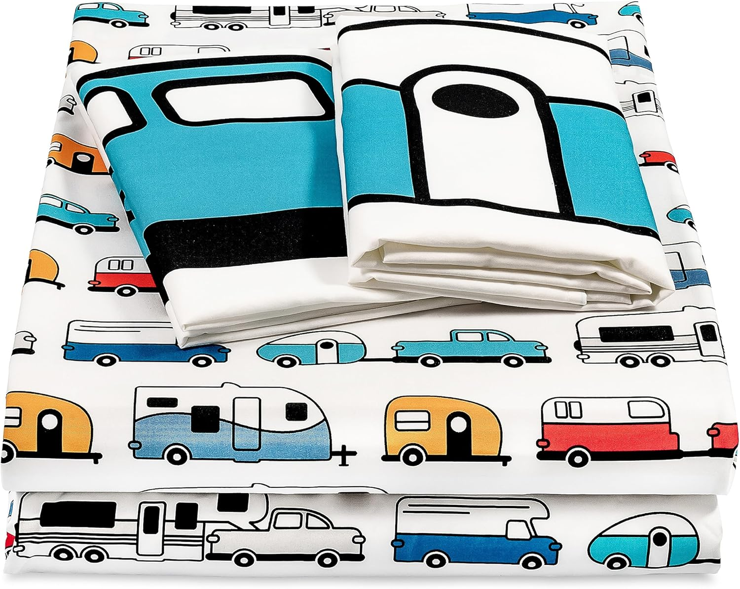 Camco Life Is Better at the Campsite Camper/Rv Queen-Sized Bed Sheet Set | Features Travel Trailer Print Design on White Background | Crafted of Soft-To-The-Touch Polyester | 4-Piece Set (53299) - Multicolor image number 4