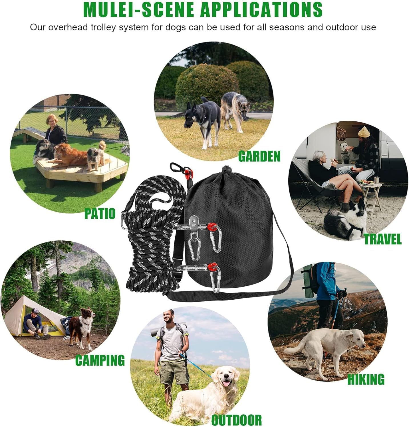 Dog Tie Out Cable for Camping, 50Ft/15M Portable Overhead Trolley System with 10Ft/3M Runner Lead for Dogs up to 200Lbs，Portable Reflective Dog Lead Line for Yard, Park and Outdoor (Black) image number 6