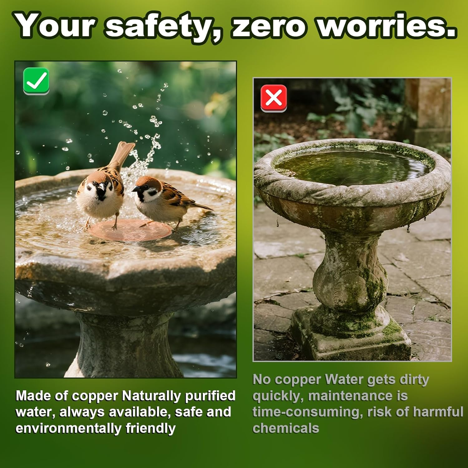 BOXOB Bird Bath Copper Disk, 4In Bird Bath Purification Disc with Triple-Point Support All-Season Safe Water Purifier for Outdoor Birdbaths & Bowls image number 1