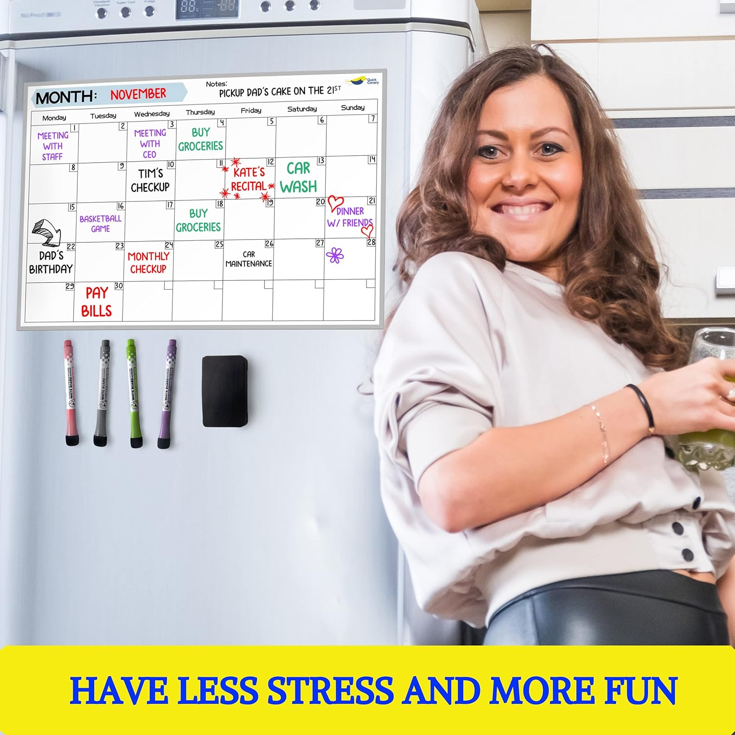 Magnetic Dry Erase Calendar for Refrigerator - 17X12&rdquo; Monthly Calendar Whiteboard for Fridge - No Stains or Ghosts - White Board Planner - 4 Dry Erase Markers and Large Eraser image number 2