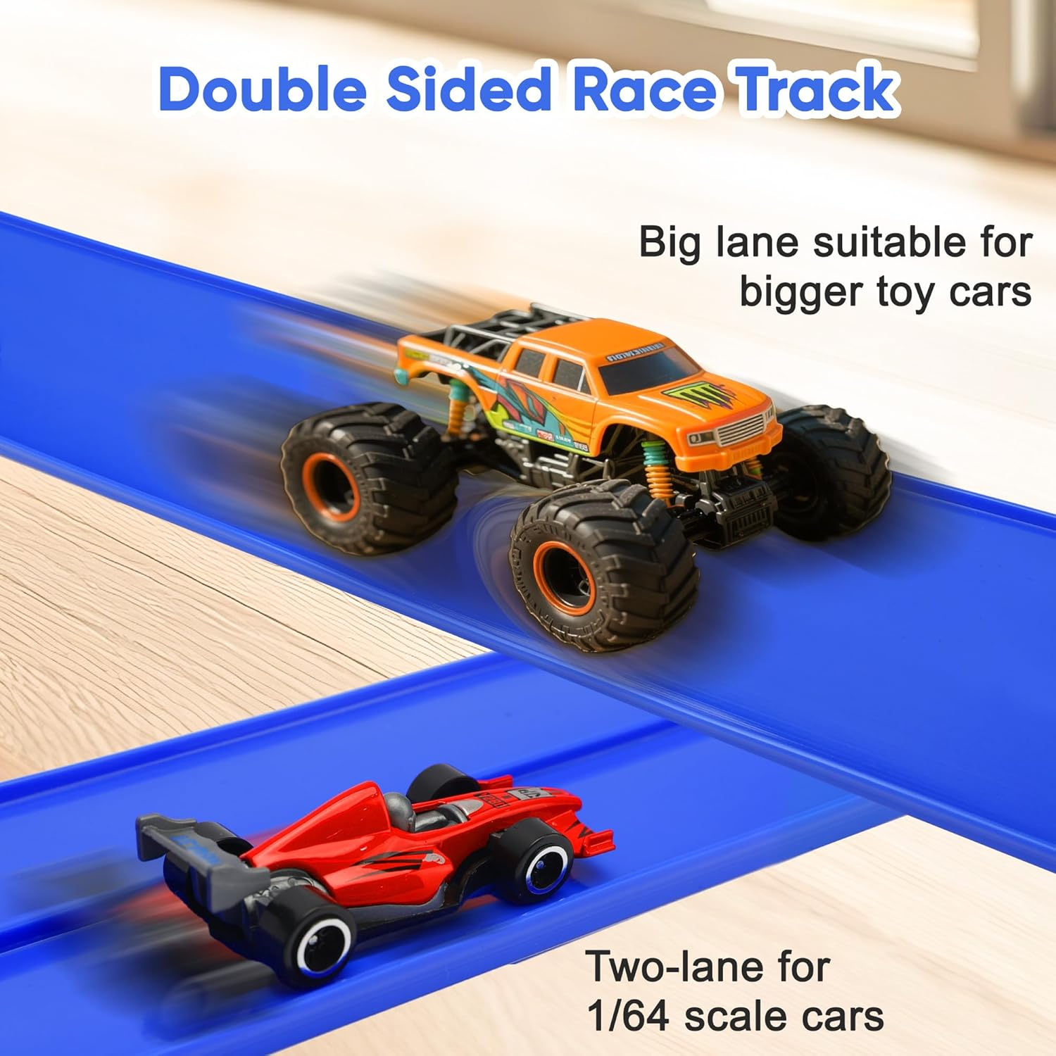 OMIPAWZ 15 Ft / 450 Cm Double Sided Flexible Rack Track Set with 6 Toy Cars for Kids image number 4