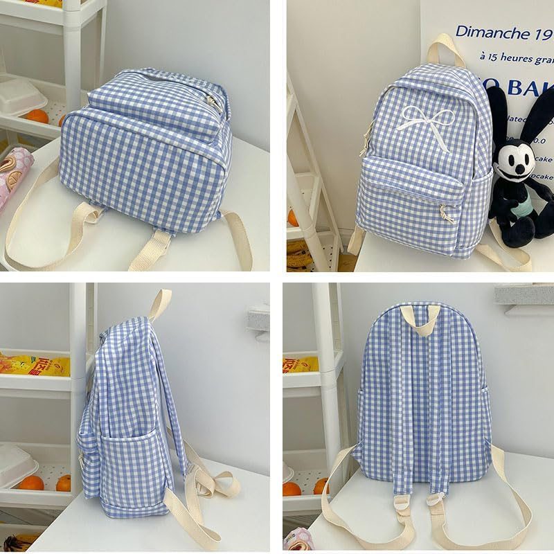 KAOBIO Womens Small Cute Trendy Plaid Preppy Backpack Y2K Aesthetic Kawaii Bow Checkered Daypack Coquette Laptop Bag - Blue image number 6