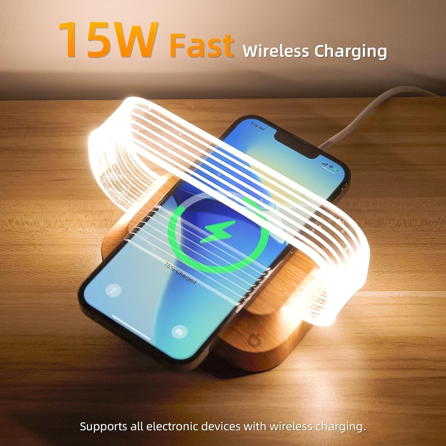 SNSUTY Portable Bedside Table Lamp with 15W Wireless Charger,Touch Control LED Night Light with Clock & USB Port, 3 Color Modes Dimmable Table Lamp Wooden Small Modern Nightstand Lamp Desk Lamp Gift image number 4