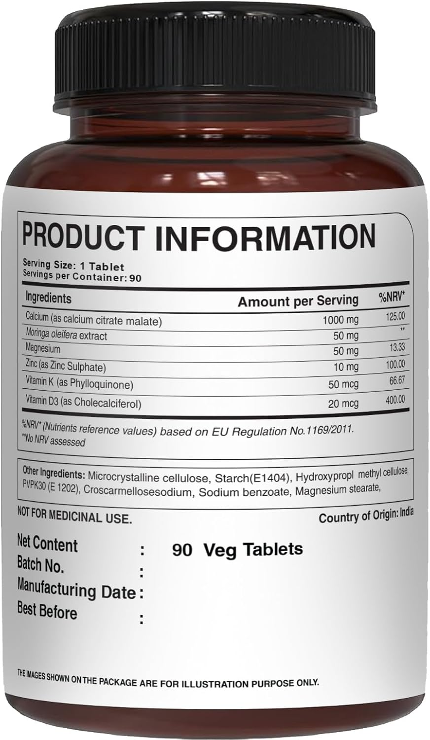 Pure Nutrition Ultra Calcium Citrate 1000Mg Highly Absorbable Calcium Supplement with Calcium Citrate Malate, Vitamin D, Zinc and Magnesium - 1 Tablet Daily (90 Veg Tabs) Non-Gmo | Gluten-Free image number 5