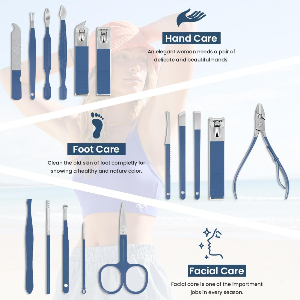 LOPHE Manicure Set, 16-Piece Nail Clippers Pedicure Set with Leather Bag, Professional Nail Care Nail Set for Thickness, Ingrown Nails, Women and Men, Blue - Yellow image number 5