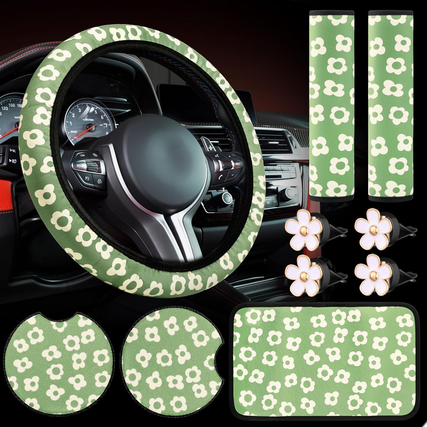Frienda 10 Pcs Vintage Groovy Car Accessories Set - Floral Steering Wheel Cover, Air Vent Clips, Center Console Armrest Cushion, Car Cup Mats, Seat Belt Covers (Green, White)