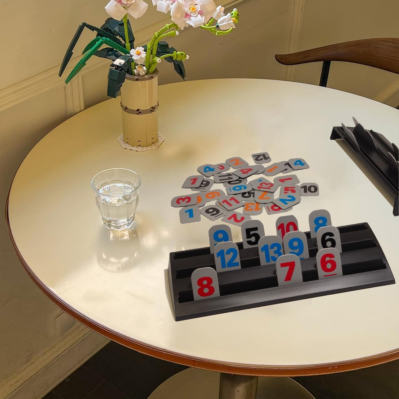 Rummy Tiles Game Set with 4 Double Tier Tile Racks Trays Rummy Cube Playing Racks in Travel Bag for Family Classic Board Games Travel Game Mini Rummy Game for Adult and Kids image number 1