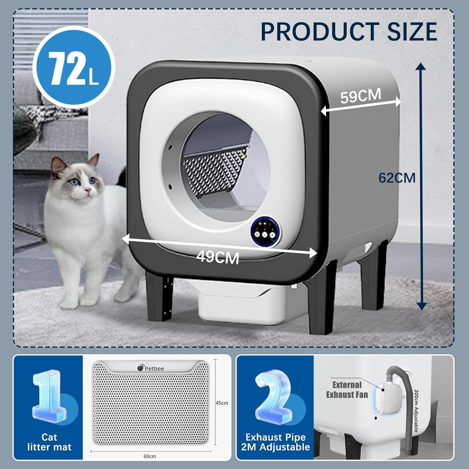 LIODUX 72L Automatic Self Cleaning Cat Litter Box, Intelligent Exhaust System, Large Cat Litter Box with Mat, Cleaning-Open-Top Auto Cats Box with App-Controlled, Smart Clean Box for Multiple Cats image number 4