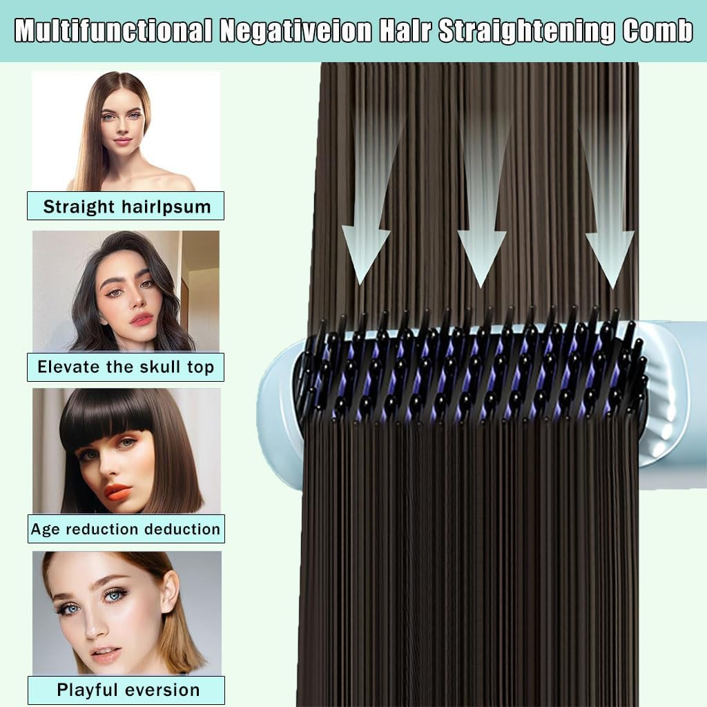 Portable Straightener Brush, Fast Heating Cordless Mini Hair Wave, Portable Mini Hot Comb with Negative Ions Smoother for Fast Heating Professional Salon at Home (Blue) image number 2