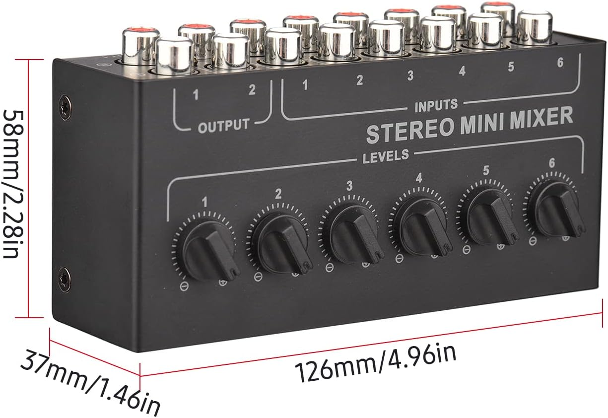 Stereo Mini Mixer, Mini Stereo 6 Channel Passive Mixer RCA Portable Audio Mixer 6 in 2 Out Stereo Distributor Volume Control No Battery Required