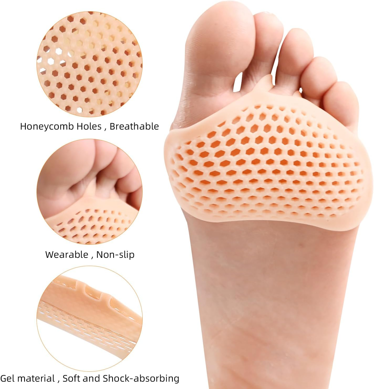 Potao Metatarsal Pads 4 Pairs Ball of Foot Cushions for Women and Men,Foot Pads for Pain Relief for Shoes Pads, Bunion Forefoot Pads, Foot Cushion for Ball of Feet (Beige) - Beige image number 4