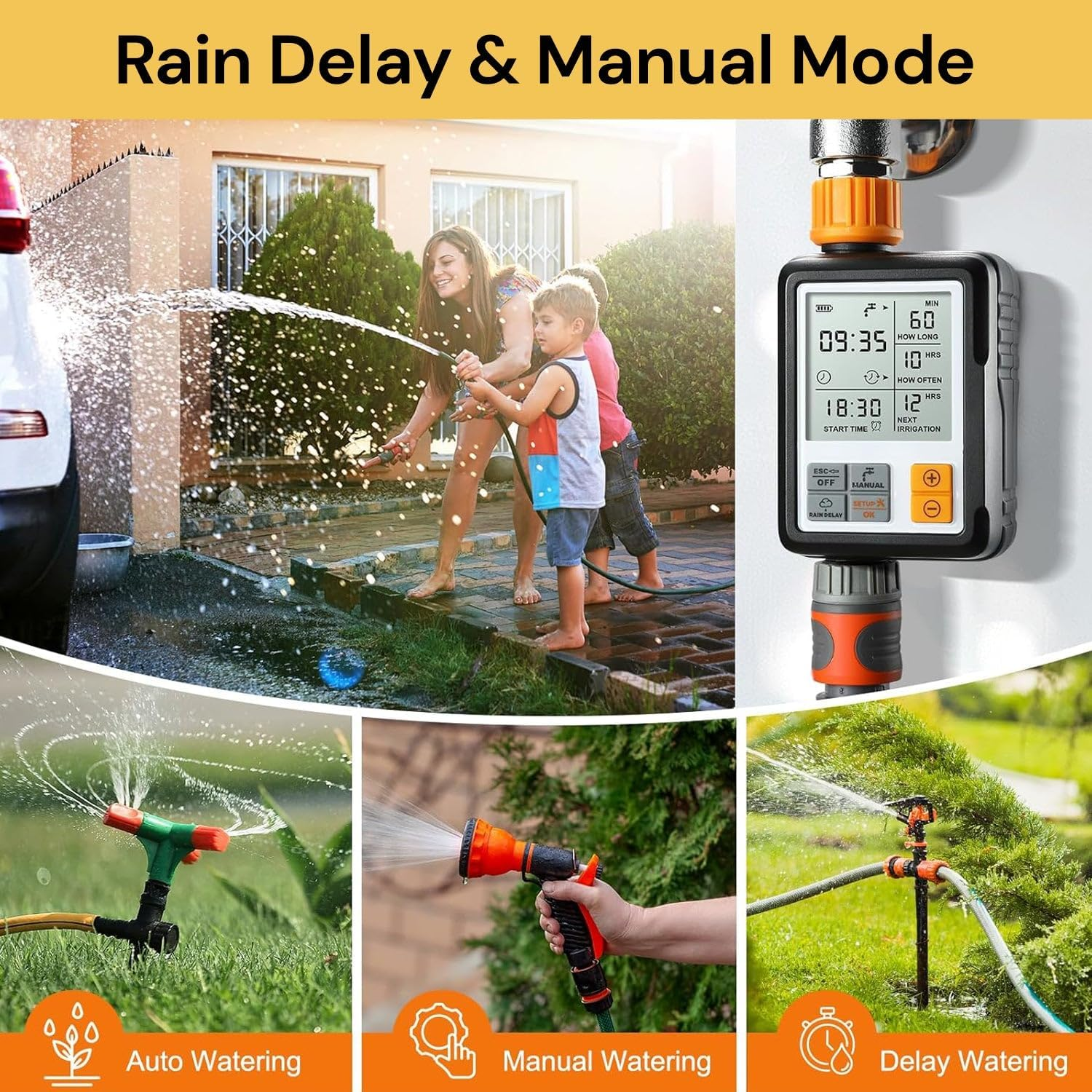 Sprinkler Timer, Programmable Garden Hose Timer with Rain Delay, Manual & Automatic Watering Modes, Outdoor Irrigation Controller for Lawns, Garden Beds, Yards, Patio & Pool Areas