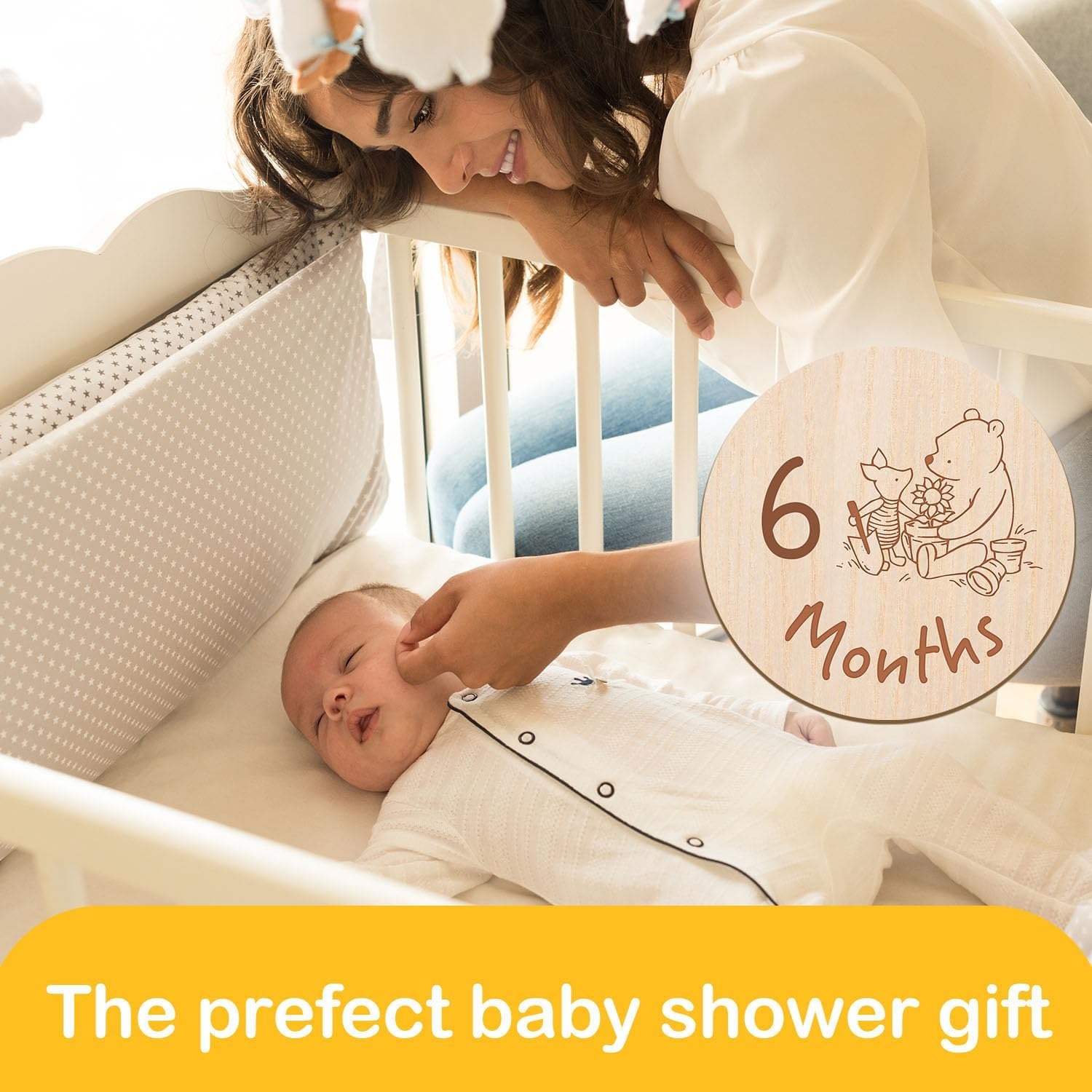 7 Pcs Winnie Baby Monthly Milestone Markers, Winnie Double Sided Winnie Baby Months Wooden Signs with Storage Bag, Winnie Baby Shower Gifts, Winnie Baby Monthly Announcement Wooden Discs, Winnie Gifts