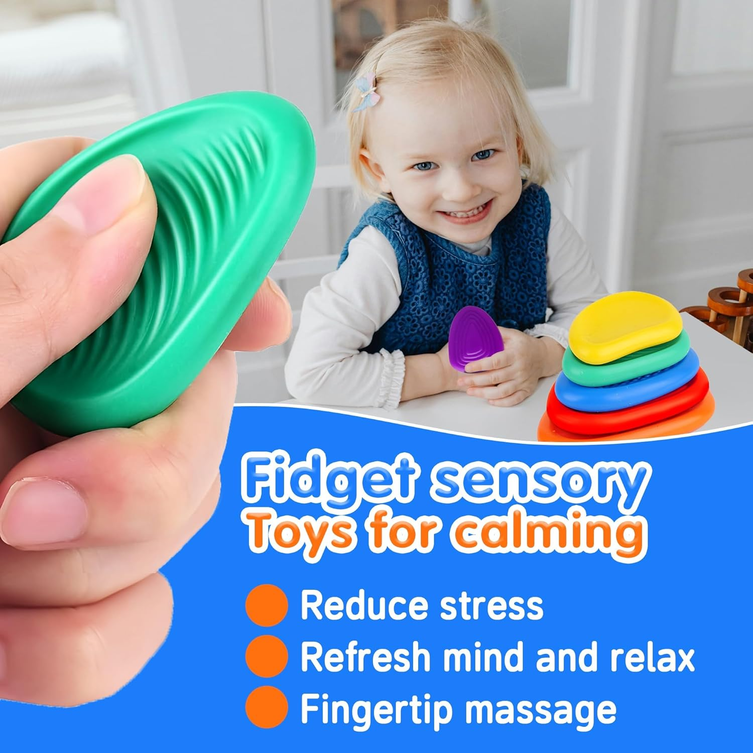 Fidget Toys Sensory Stone for Kids: 6 Pack Textured Worry Stone for Autism Kids Calming down - Fidget Stress Toys for Anxiety Relief - Small Students Prizes Fidget Toys Gift image number 6