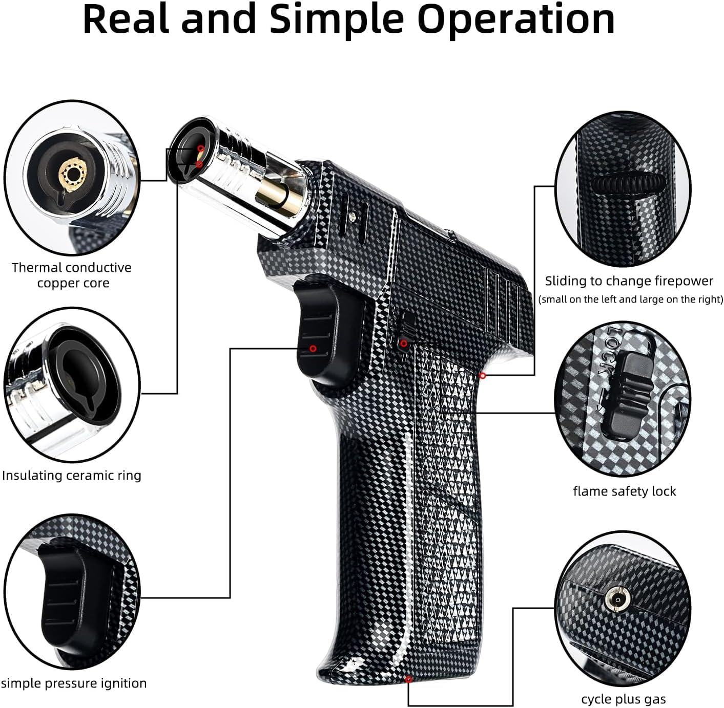 Windproof Torch Lighter,Adjustable Flame Refillable Butane Gas Lighter with Continuous Flame Lock,Kitchen Cooking Refillable Torch Lighter, Butane Gas Is Not Included (Fiber Black) image number 4