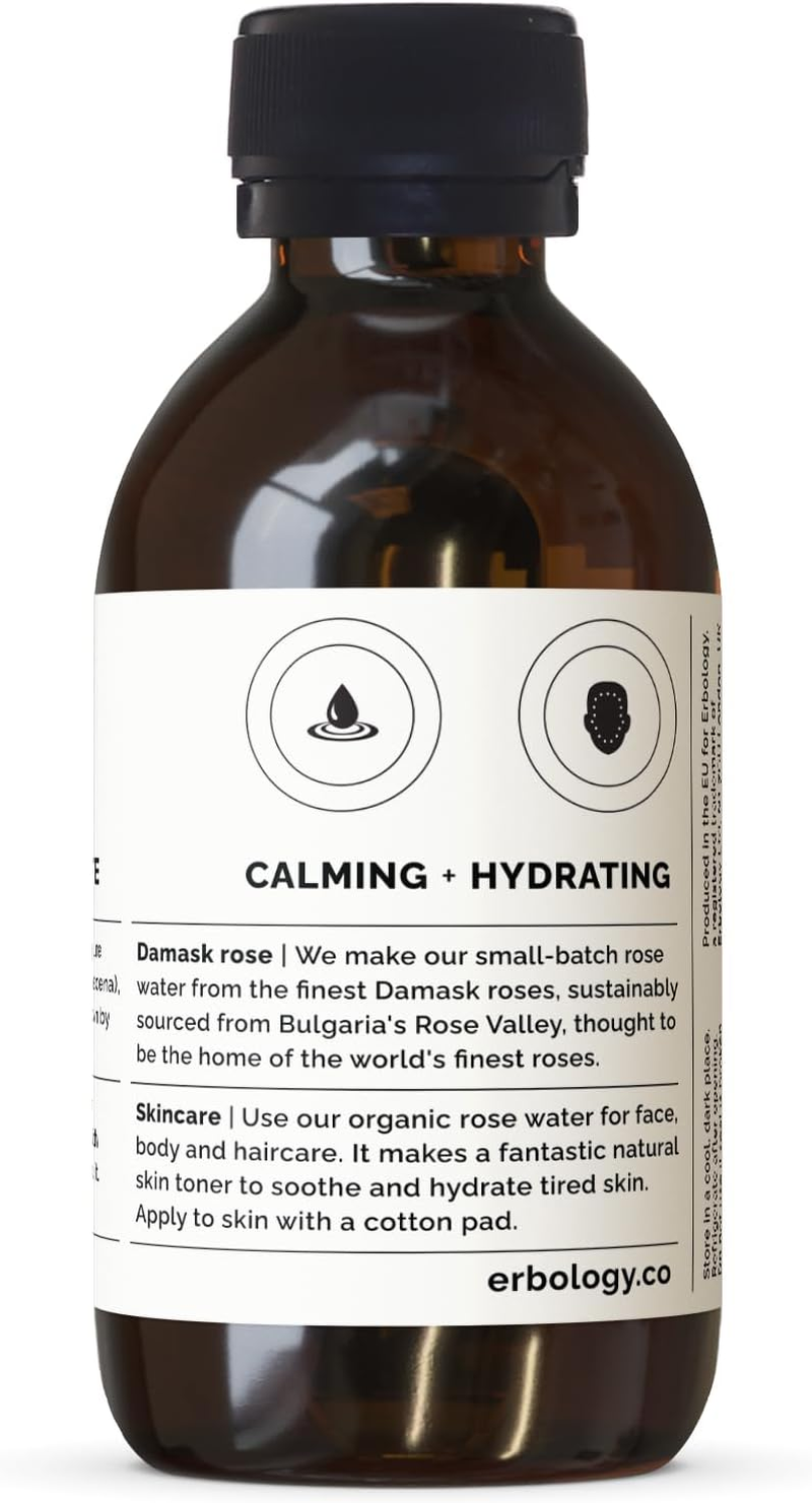 Erbology Organic Rose Water 100Ml - Distilled from Damask Rose - Premium Food Grade Hydrolate of Rose - Soothes, Hydrates and Calms - Non-Gmo - Recyclable Glass Bottle image number 1