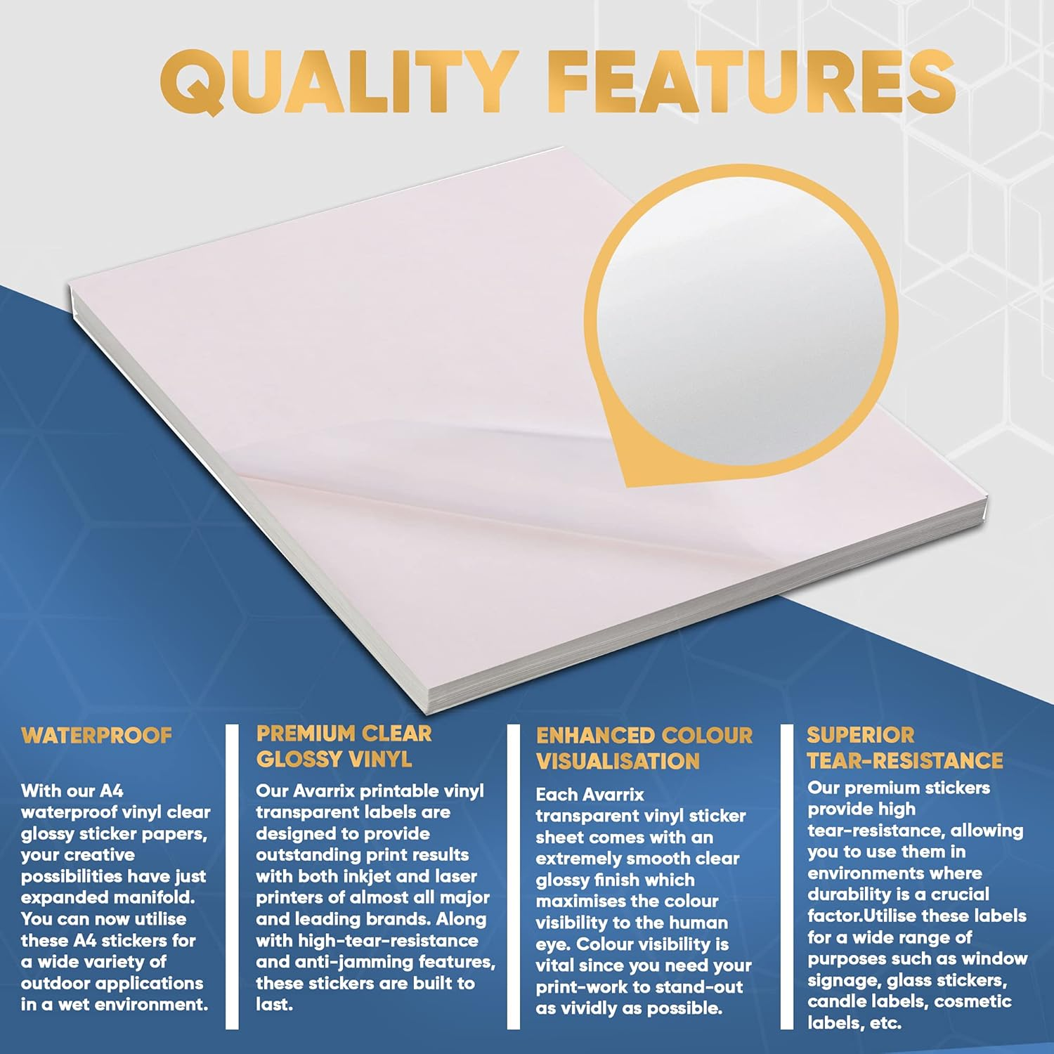 Avarrix Australia Printable Vinyl Sticker Paper for Inkjet & Laser Printer, Transparent Clear Glossy, 20 Sheets, A4 Size, Glossy Transparent Clear Sheets, Waterproof A4 Sticker Paper for Printer image number 3