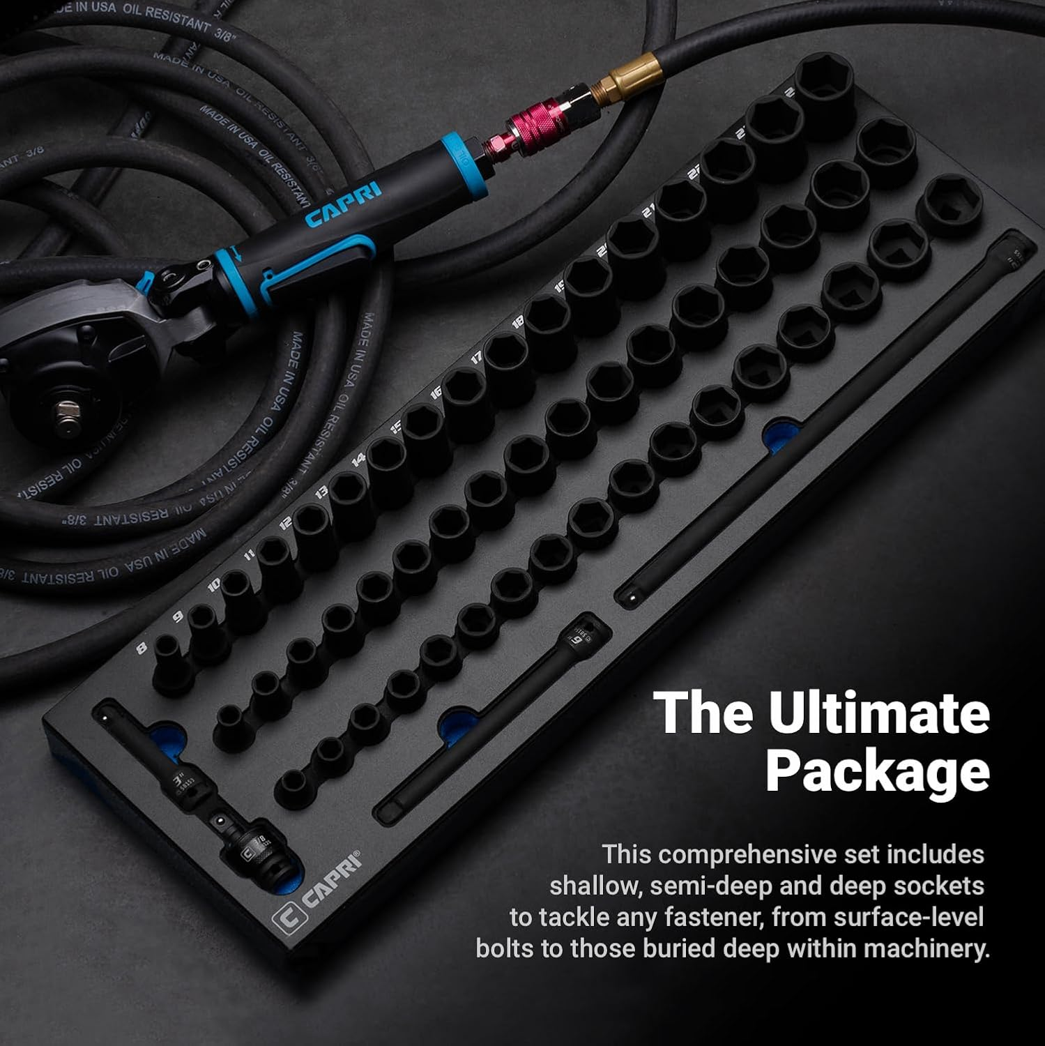 Capri Tools 3/8 In. Drive Master Shallow, Semi-Deep and Deep Impact Socket Set with Extensions and Universal Joint, Metric, 8 to 24 Mm, 55-Piece with Mechanic'S Tray image number 3