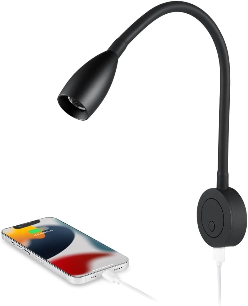 RV 12V Reading Light, Dimmable Boat Bedside Reading Lamp, Gooseneck LED Spot for Motorhome Camper Van Truck Cararvan, Integrated USB Charger&Press Dimmer, Black image number 6