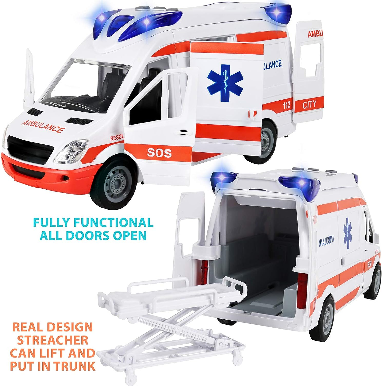 Kiddie Play Ambulance Toy Friction Powered Emergency & Rescue Vehicle Set with Lights and Siren, Doors That Open and a Stretcher image number 3