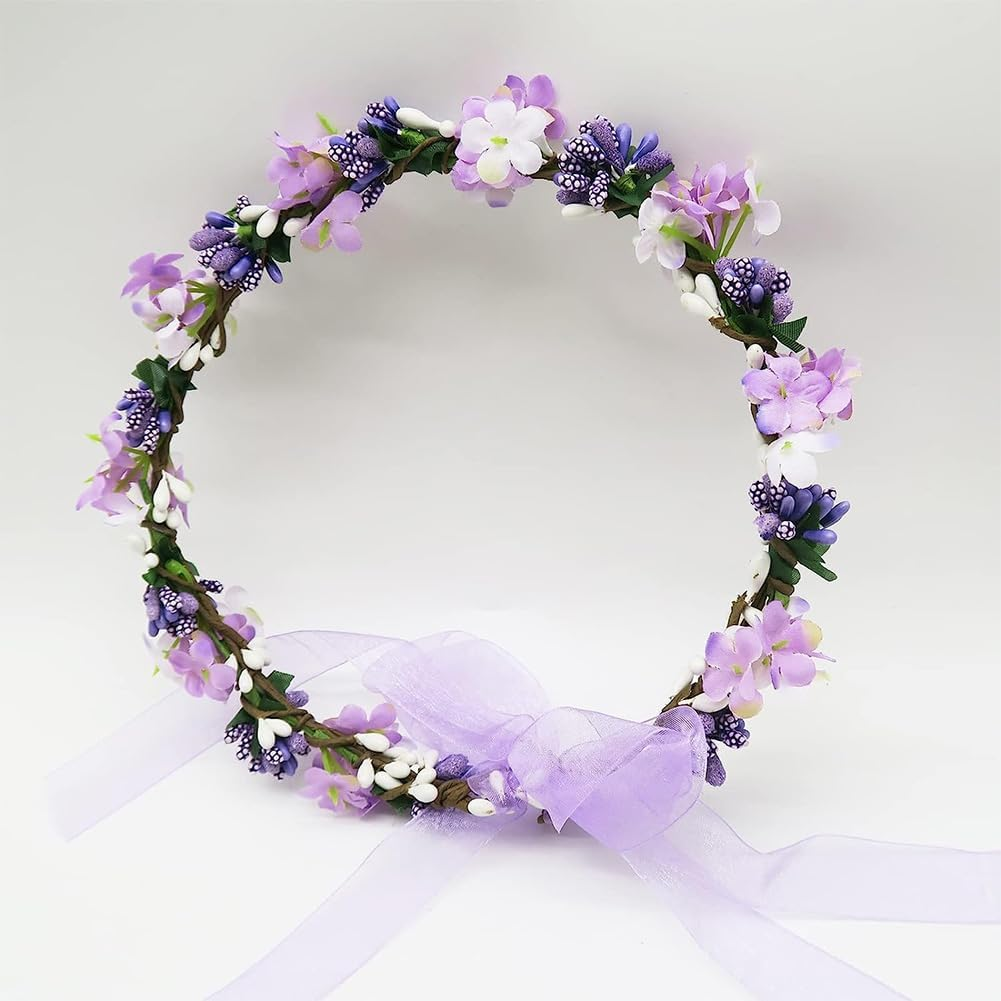 AKOAK 1 Pack Purple Flower Crown, Bohemian Wreath for Girls Floral Headwear, Adjustable Wedding Headband for Weddings, Baby Showers, Family Photos and Fancy Soiree image number 2