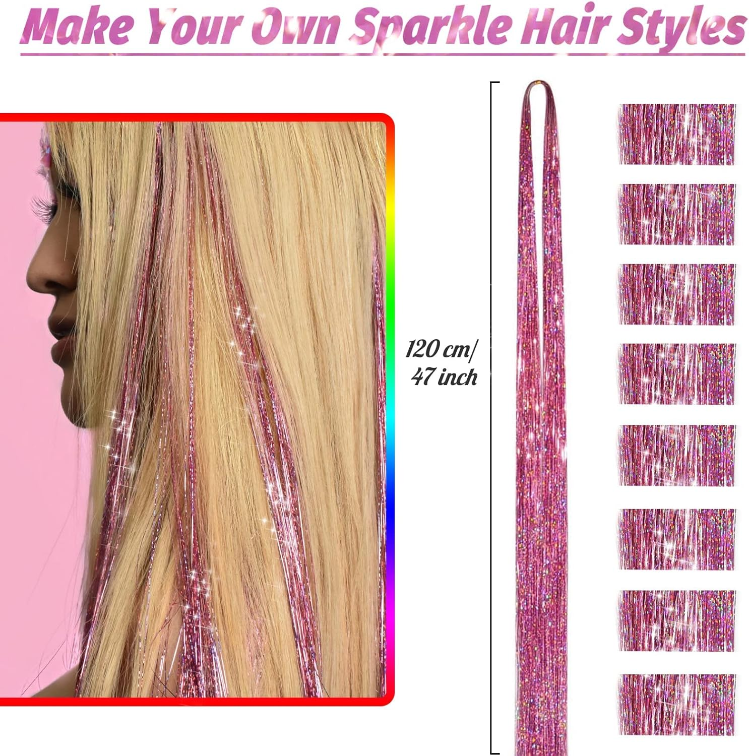 Hair Tinsel Extensions 1200 Strands &ndash; 47Inch Long Sparkle Glitter Hair Highlights, Holographic Fairy Shiny Tinsel Extensions for Women &ndash; Party, Festival and Christmas Hair Decorations (Pink)
