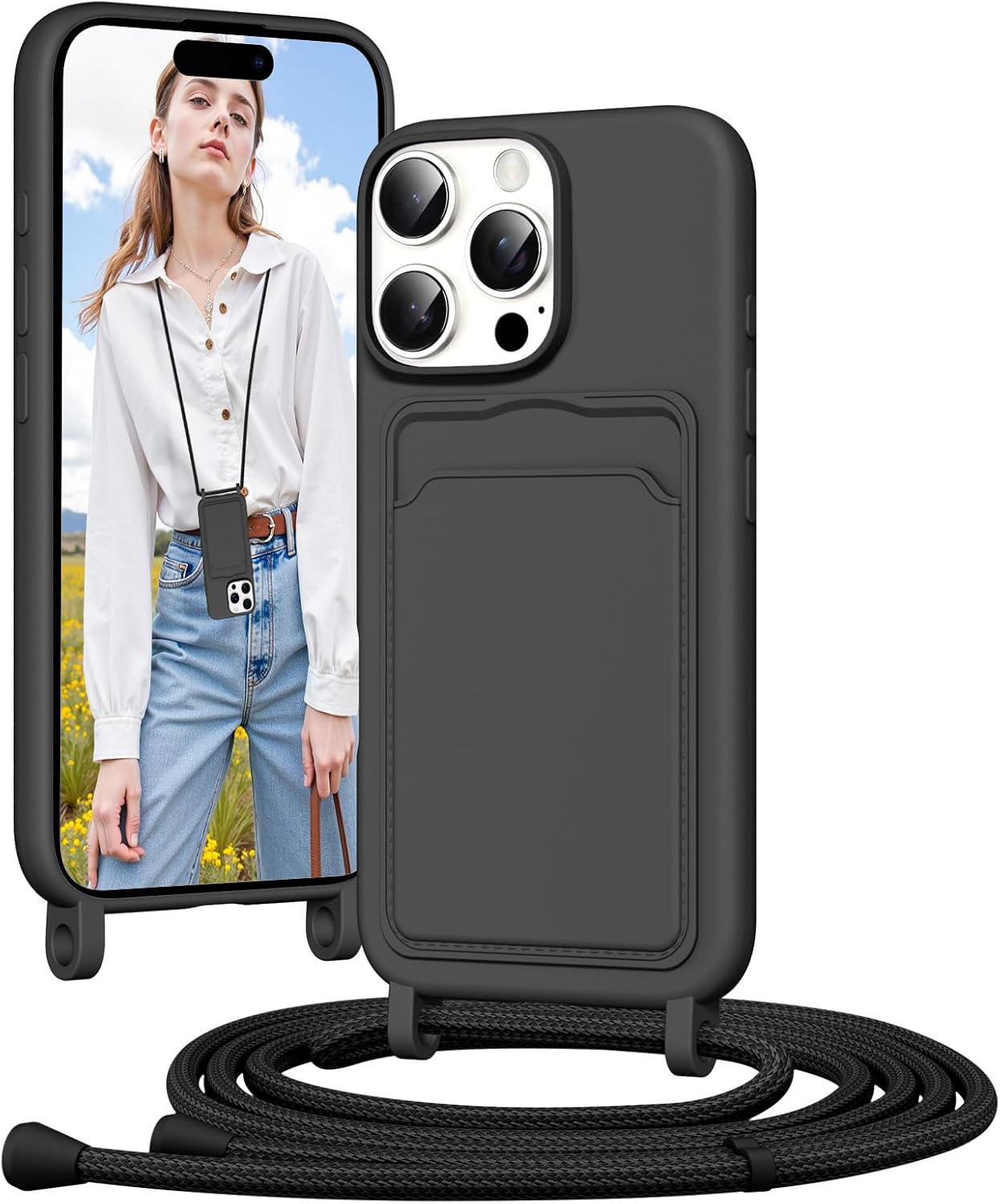 Vauki Mobile Phone Chain Silicone Case for Iphone 13 Pro with Strap, Mobile Phone Case with Card Slot, Removable Adjustable Cord Chain for Hanging, Shockproof Protective Case for Iphone 13 Pro Cord