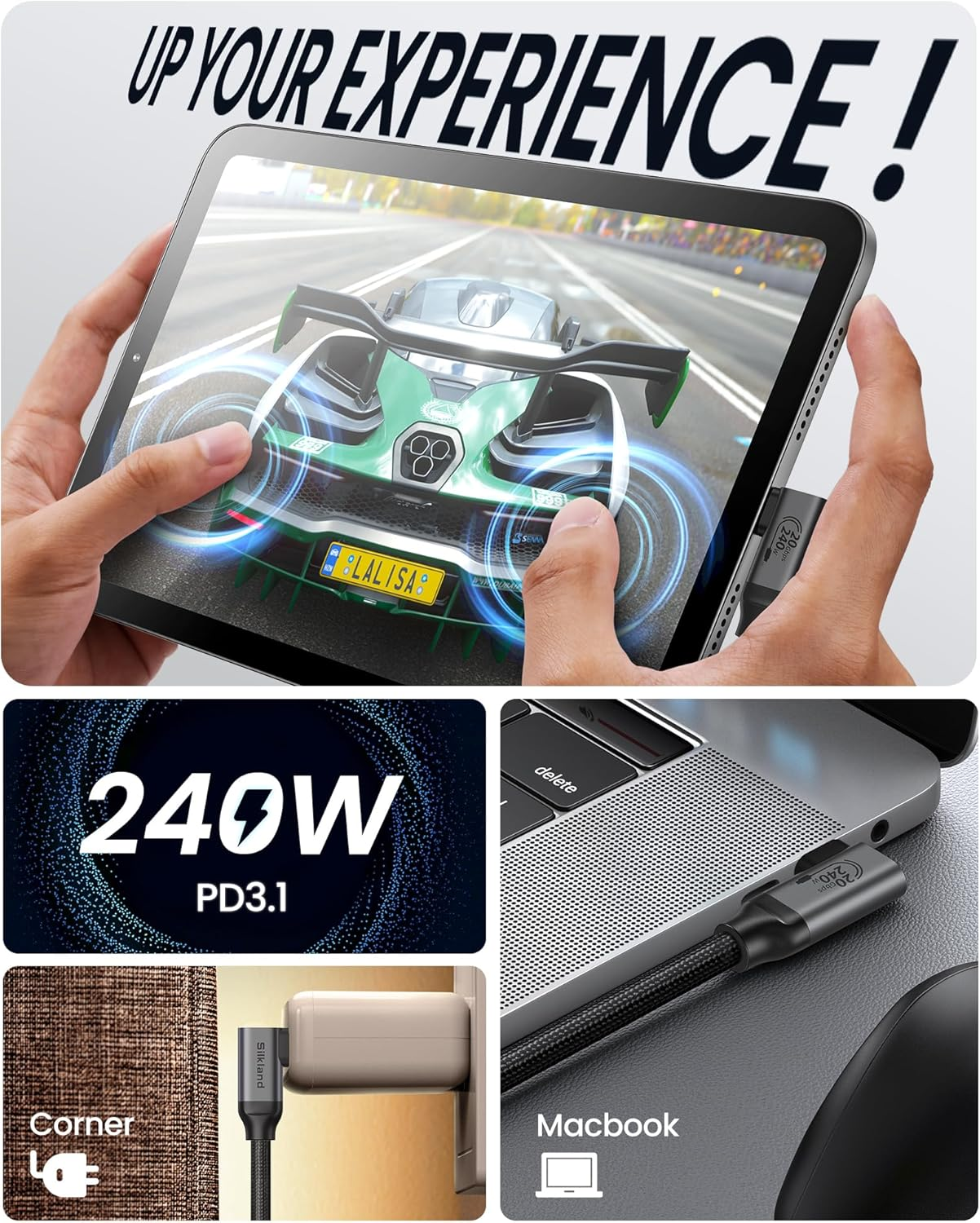 Silkland USB C Monitor Display Cable Right Angle 2M, 5K/4K@60Hz 8K@30Hz 90 Degree USB C 3.2 Gen 2X2 Video Cable, 20Gbps Data Transfer, 240W Fast PD Compatible for Macbook, Tablet, Mac Studio image number 3