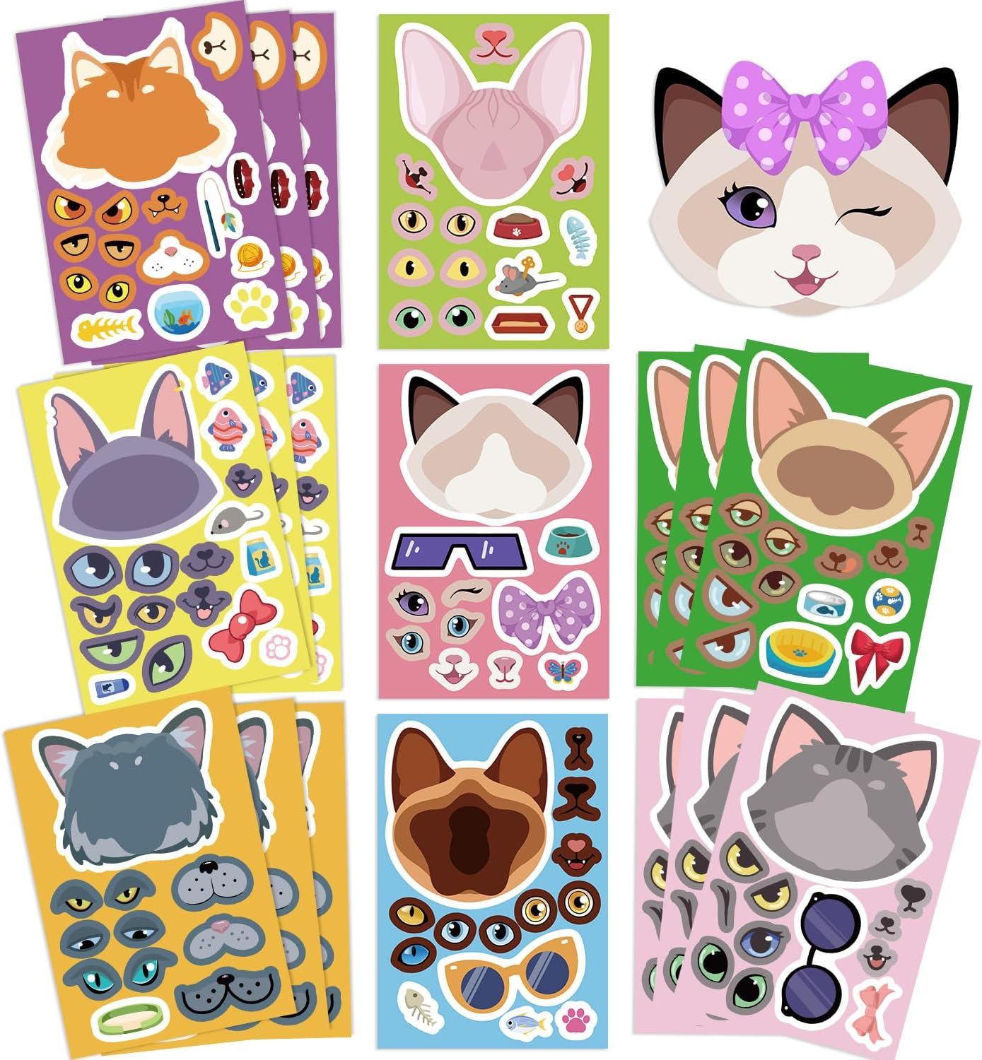 24 Sheets Cat Expression Make-A-Face Stickers Mix&Match Make Your Own Cute Kitty Stickers for Girl Boy Kid Birthday Reward Party Favors Gift DIY Craft for Skateboard, Phone,Bicycle,Laptop,Guitar image number 4