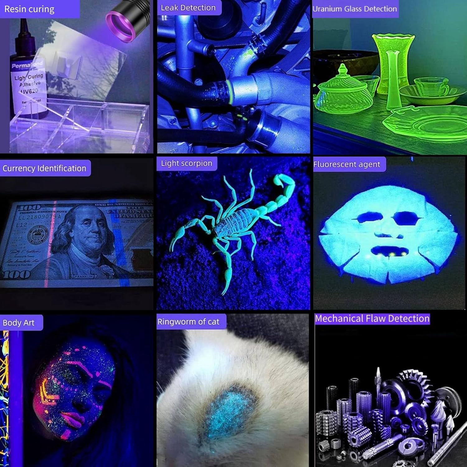 30W 365Nm UV Flashlight USB Rechargeable UV Light High Power Black Light Flashlight for Pet Urine Detection, Resin Curing, Minerals, Blood Tracking, Scorpion, Rockhounding,Yooperlites,A/C Leak Detect image number 5