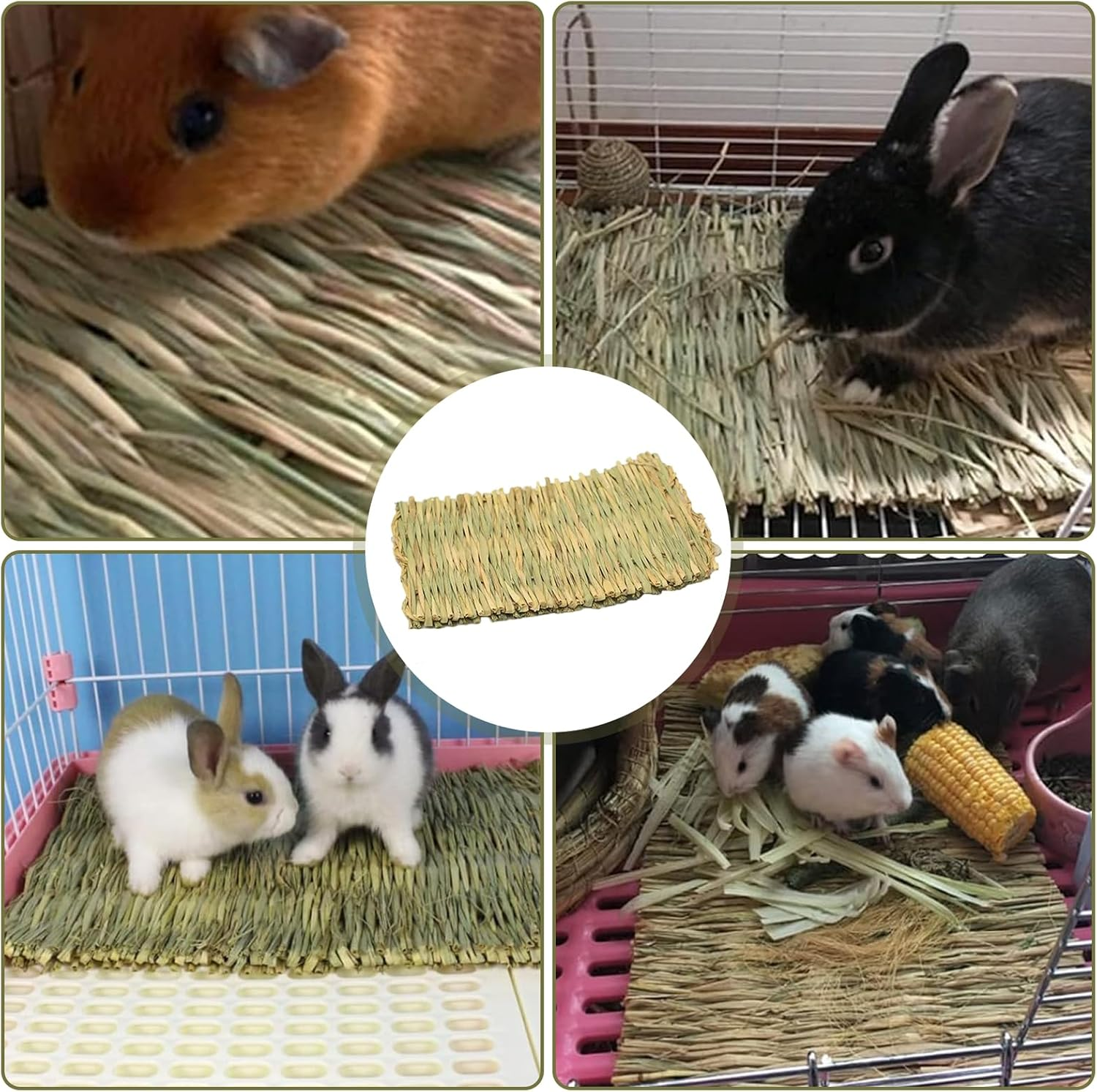 Rabbit Grass Mat, Pack of 5, 28 X 20 Cm Grass Mat, Woven Bed Mat, Small Animal Grass Mats for Hamsters, Animal Chew Toy, Bunny Grass Mat, Natural, Safe and Edible for Rabbits, Guinea Pigs