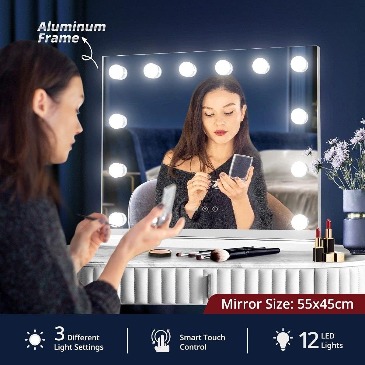 Maxkon Lighted Makeup Mirror Hollywood Mirror Vanity Mirror Tabletop Mirror with 12 LED Lights Smart Touch Control 55X45Cm image number 4
