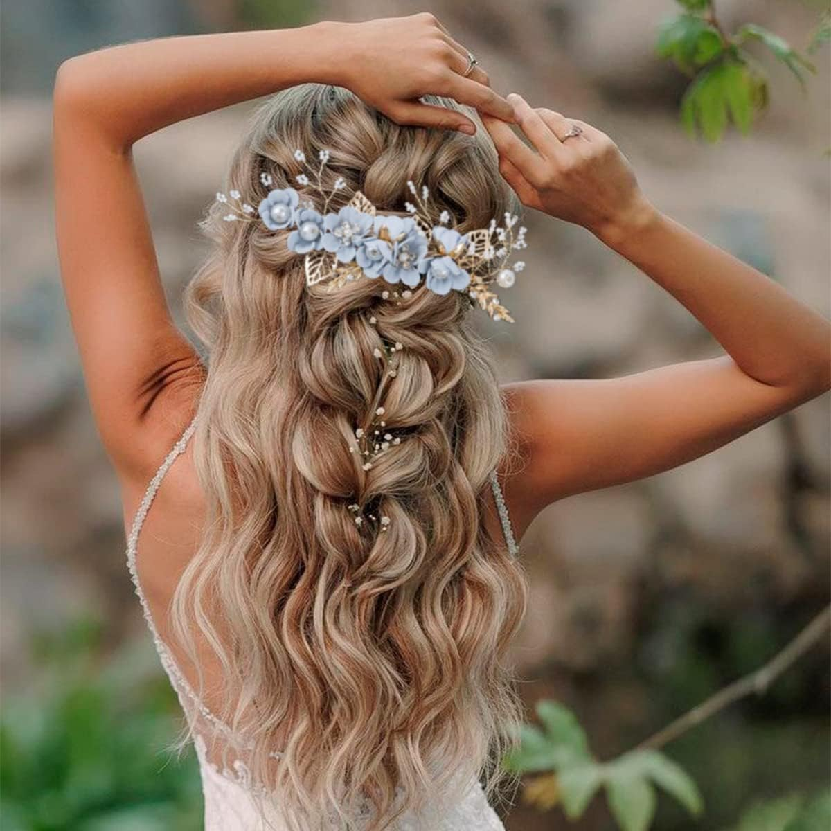 4 Pieces Bridal Flower Wedding Hair Comb Rhinestones Crystal Floral Hair Pins Hair Clips Wedding Hair Accessories Hair Jewelry for Brides Bridesmaids Women Girls(Blue) image number 3