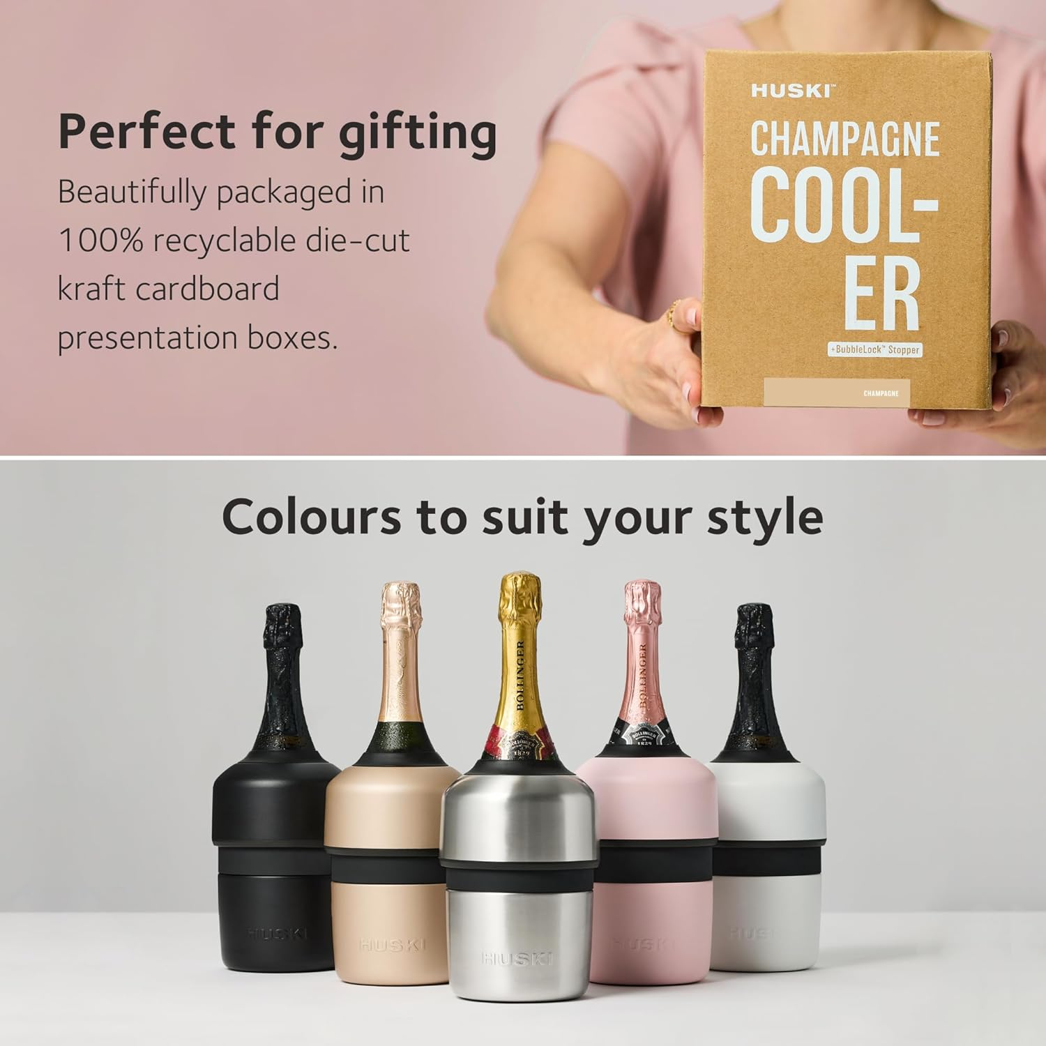Huski Champagne Cooler | New | Award-Winning Iceless Design with Detachable Bottle Stopper | Keeps Wine Cold up to 6 Hours | Fits Most 750Ml Champagne, Prosecco & Sparkling Wine Bottles (Champagne) - Brushed Stainless image number 3