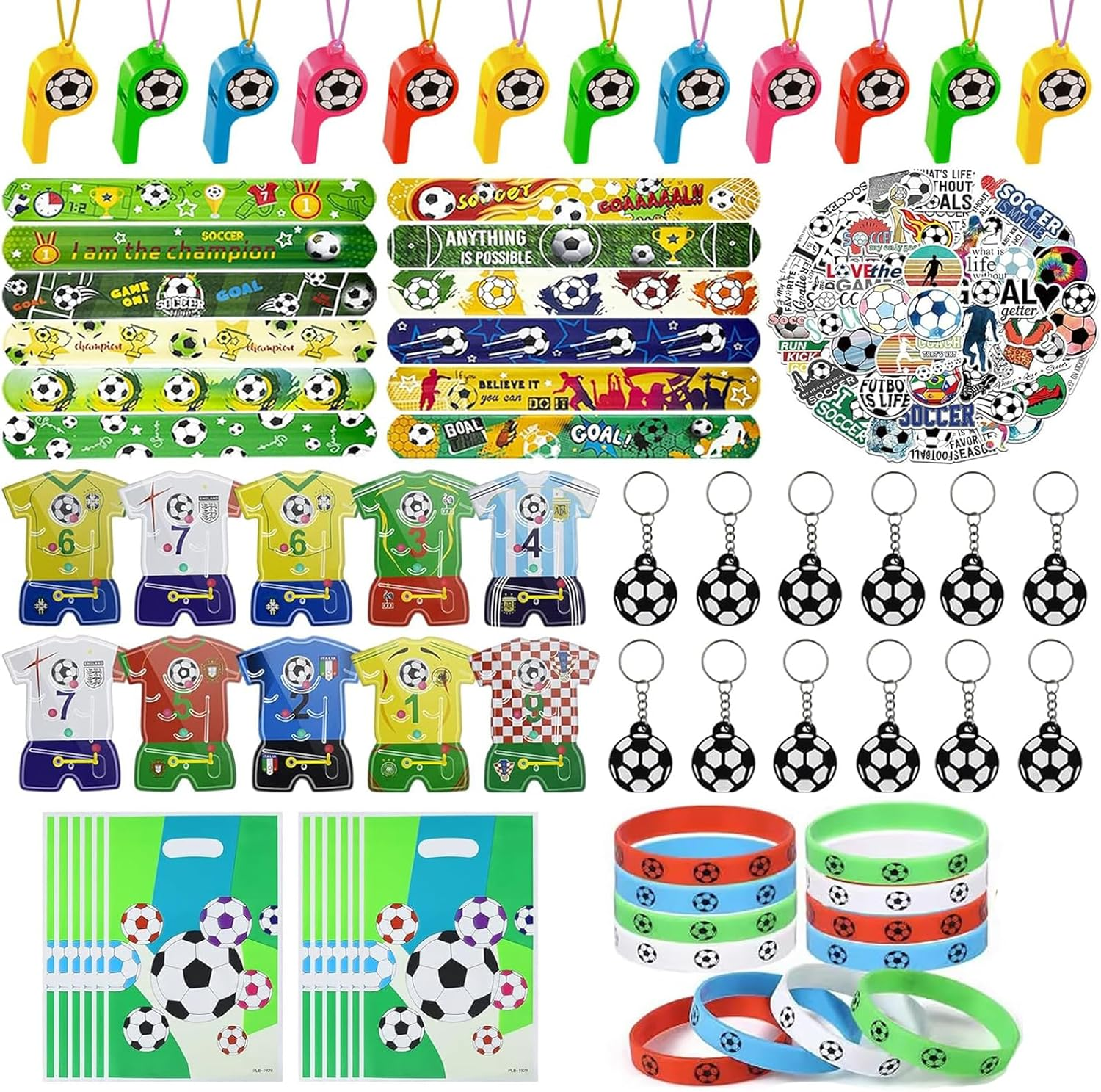 XUANZHI 120 Pcs Soccer Party Favors Set with Soccer Goodie Bags Soccer Slap Bracelets Puzzle Toys Soccer Stickers Whistles Soccer Party Supplies Soccer Party Decorations image number 2