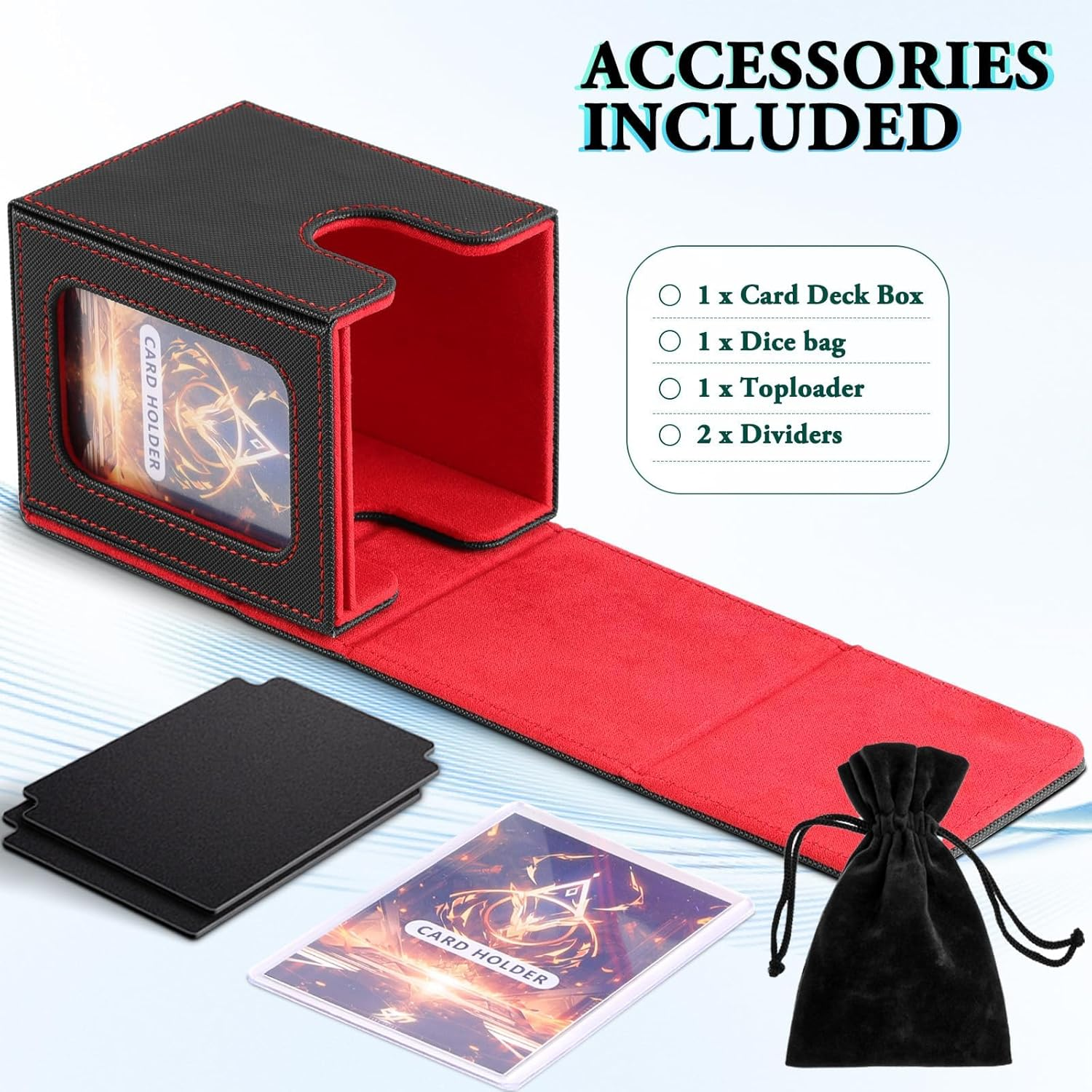 Card Deck Box with Commander Display, Storage Box Holds 100+ Double Sleeved Cards, Game & Sports Case with 2 Dividers, 1 Top Loader and 1 Dice Bag (Red) - Green image number 5