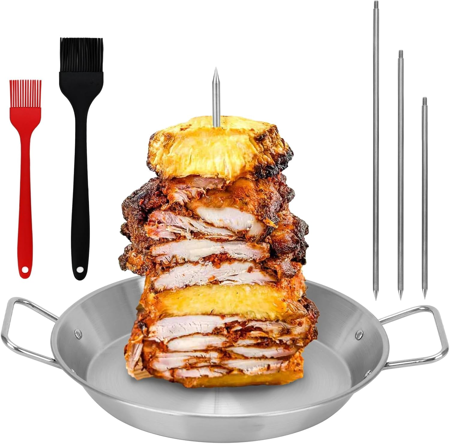 Al Pastor Skewer for Grill, Stainless Steel Vertical Skewer Shawarma Stand Vertical Spit with 3 Removable Spikes(8&rdquo;/10"/12&rdquo;) & Brushes Gyro Pan for Tacos, Kebabs Smoker,Bbq image number 2
