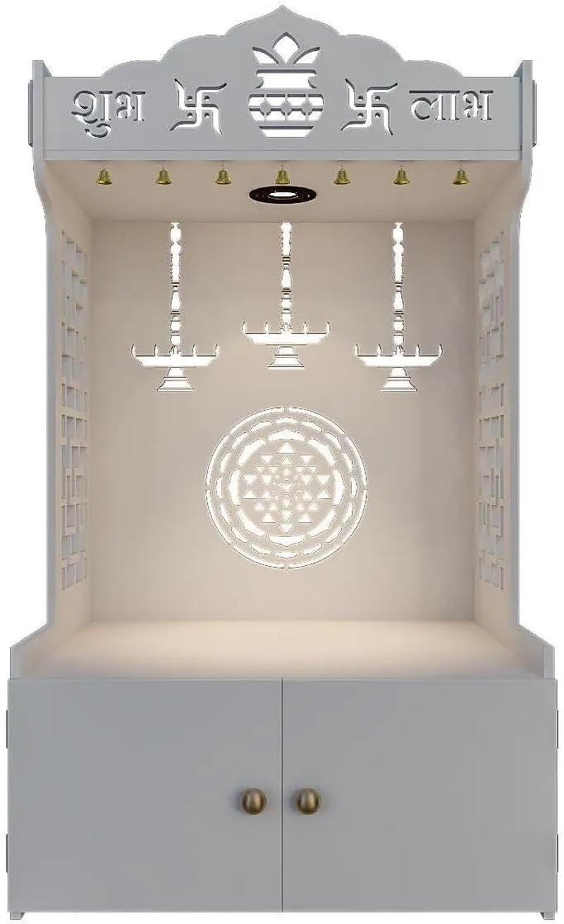 Divine Timeless Wooden Temple for Home with Inbuilt Focus Light- White Color Finish image number 1