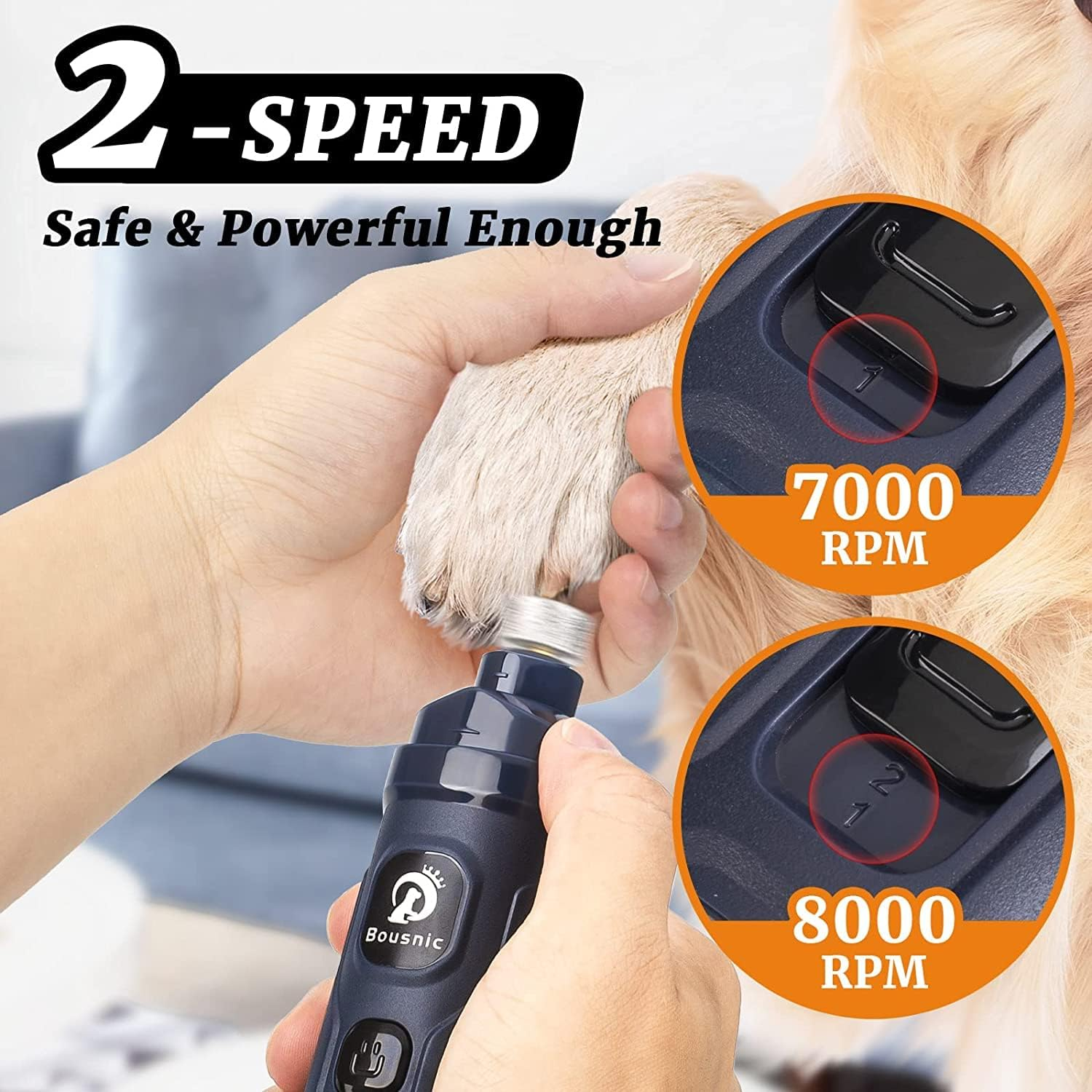 Bousnic Dog Nail Grinder and Clipper Kit - 2-Speed & 2 LED Lights Electric Rechargeable Pet Nail Trimmer Painless Paws Grooming & Smoothing for Small Medium Large Dogs & Cats image number 1