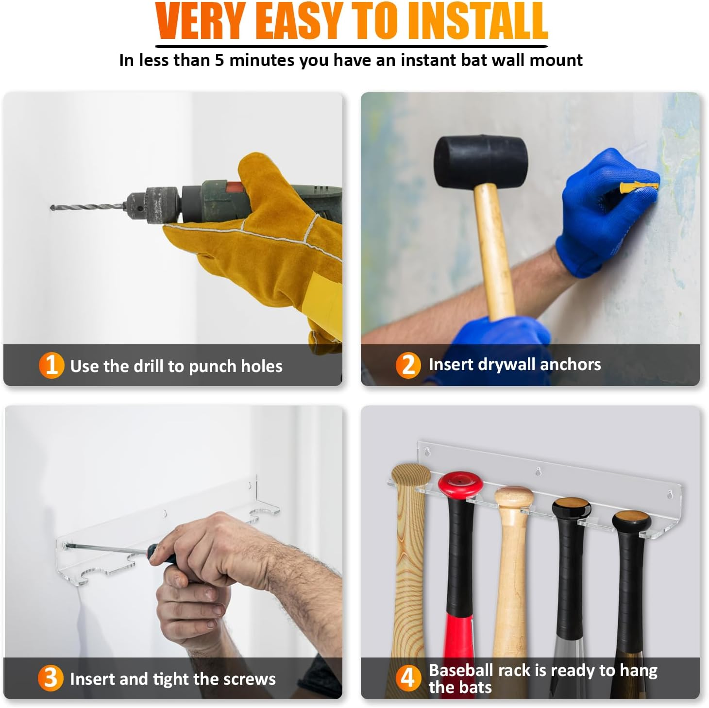 Baseball Bat Display Hanger for 5 Bats or Balls - Vertical Bat and Baseball Holder Wall Mount - Better than Display Case | Sturdy Acrylic Hanging Rack Organizer | Easy to Instal (Hardware Included) image number 2