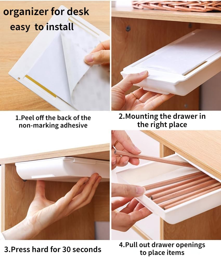 Frafuo 2 Pcs Adhesive Pull Out Drawers for Cabinets-Under Desk Drawer Organiser Tray-Plastic Hidden Drawer Storage-Slide Out under Desk Drawer-Adhesive Hidden Desktop Organizer (White,L+M)