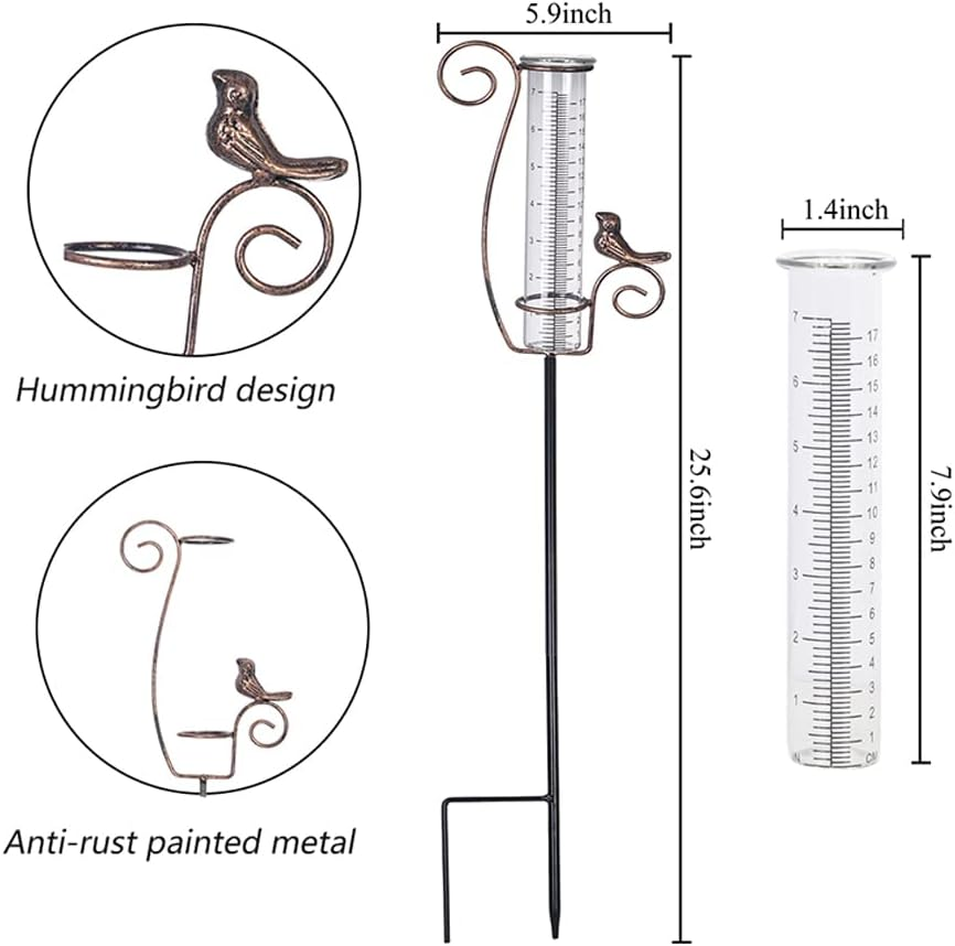 Rain Gauge Outdoor,7" Glass Rain Gauge with Metal Stake, Decorative Bird Rain Gauge for Yard Garden Lawn Decor image number 5
