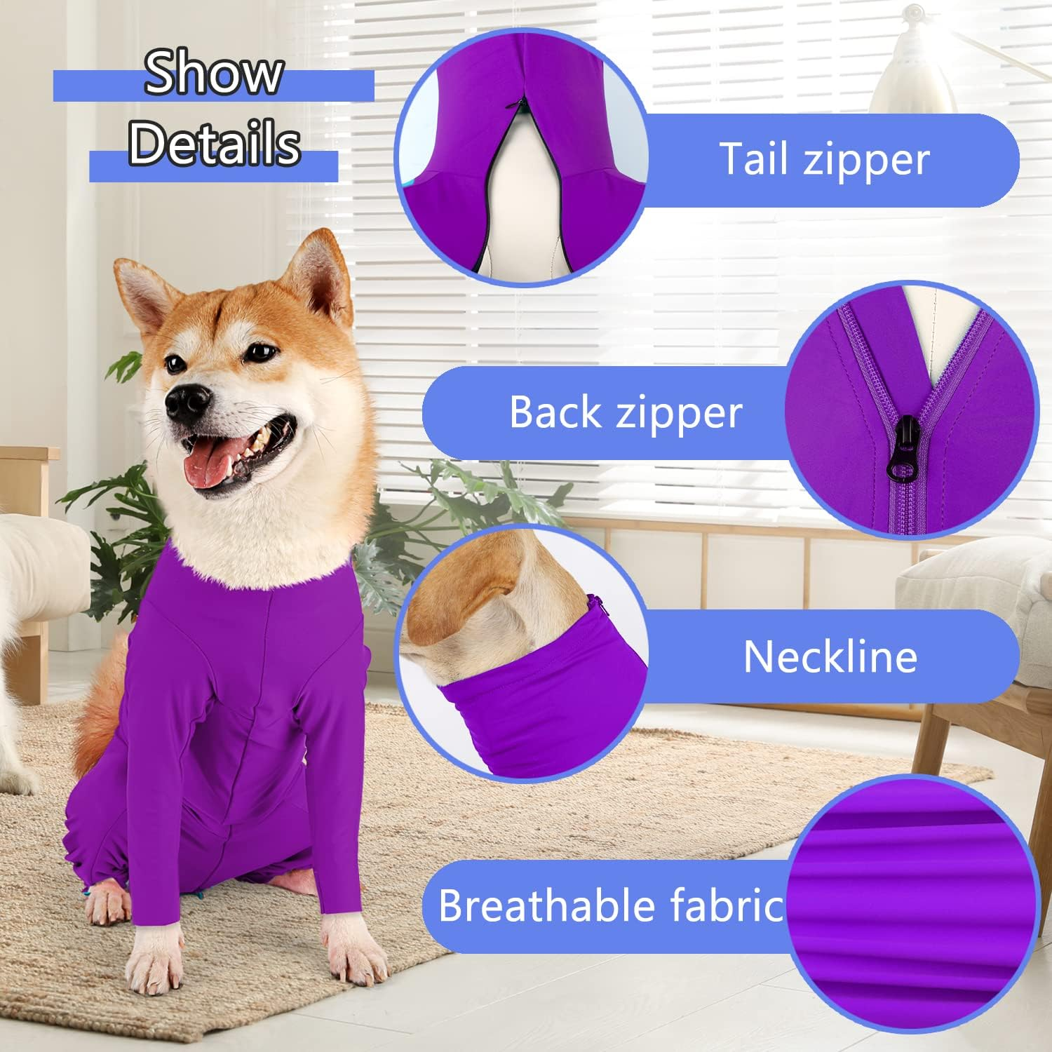 Due Felice Dog Onesie Surgical Recovery Suit for after Surgery Pet anti Shedding Bodysuit Long Sleeve Anxiety Shirt for Female Male Dog Purple/M image number 2