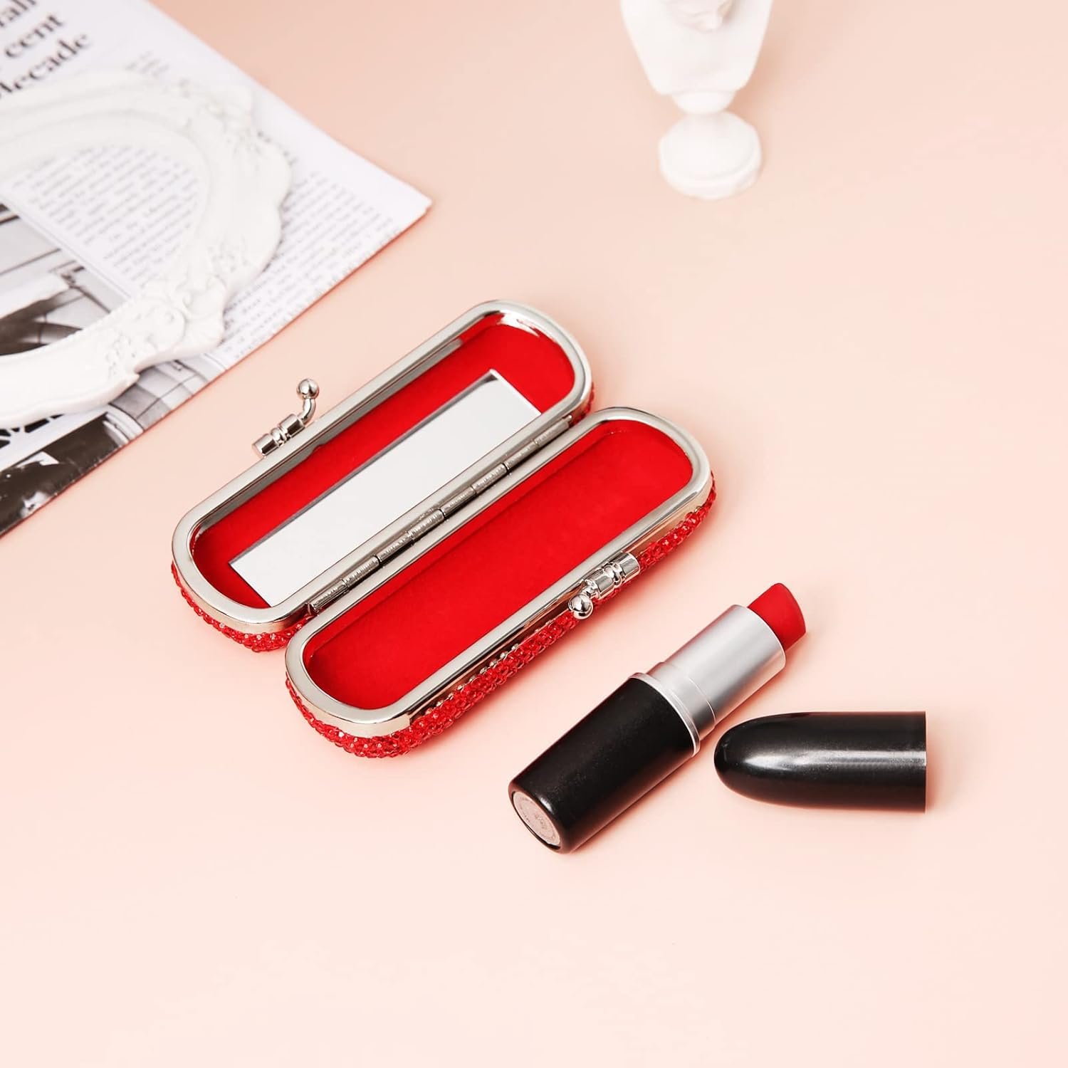 Asalways Shiny Rhinestone Crystal Portable Lipstick Case with Mirror Portable Bling Diamonds Makeup Cosmetic Storage Holder for Travel Ladies Fashion, Red - Red image number 4