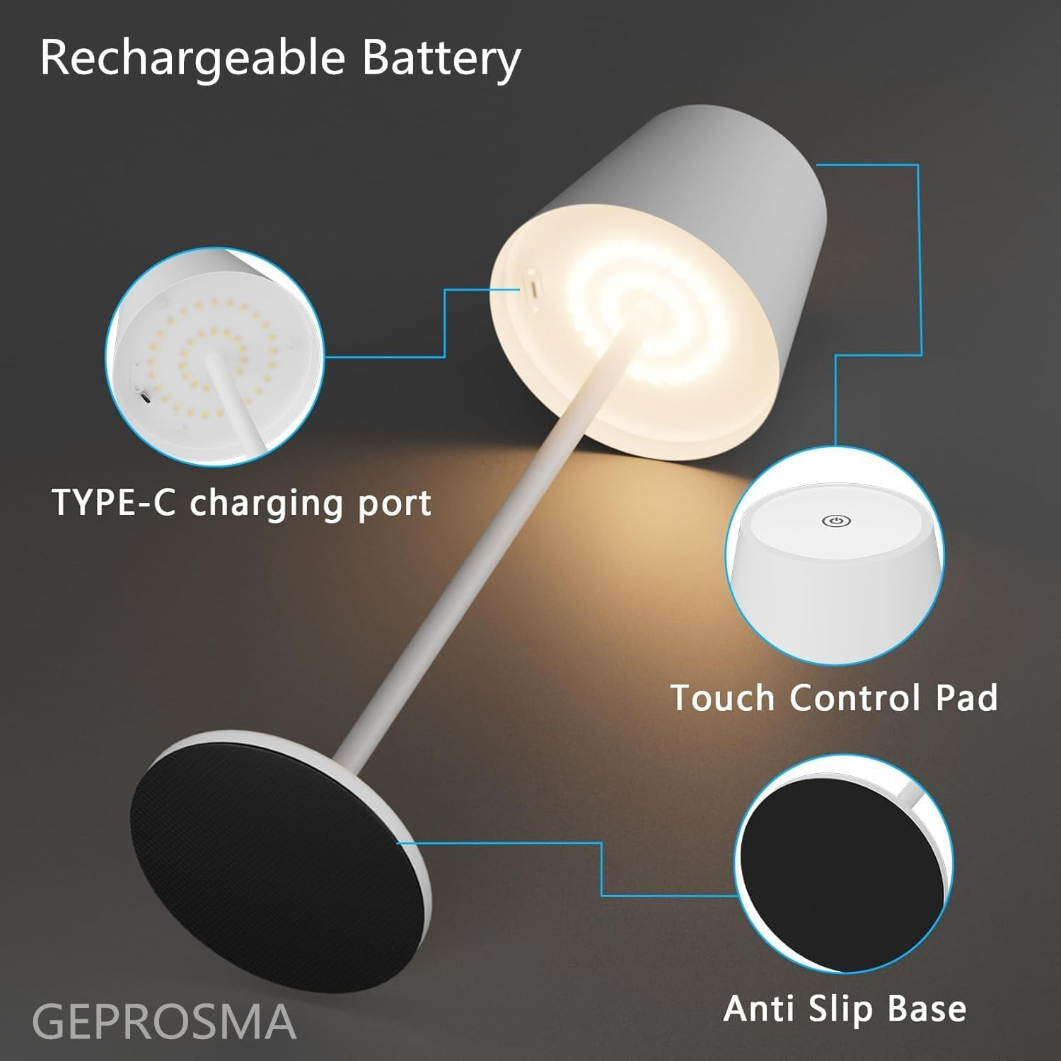 GEPROSMA Cordless Touchtable Lamp Bedside Lamp Rechargeable Battery Operated 4400MAH, Metal Modern Wireless Desk Lamp 38CM,3 LED Modes Dimming,Portable Light for Bedroom Living Room Outdoor,White image number 1