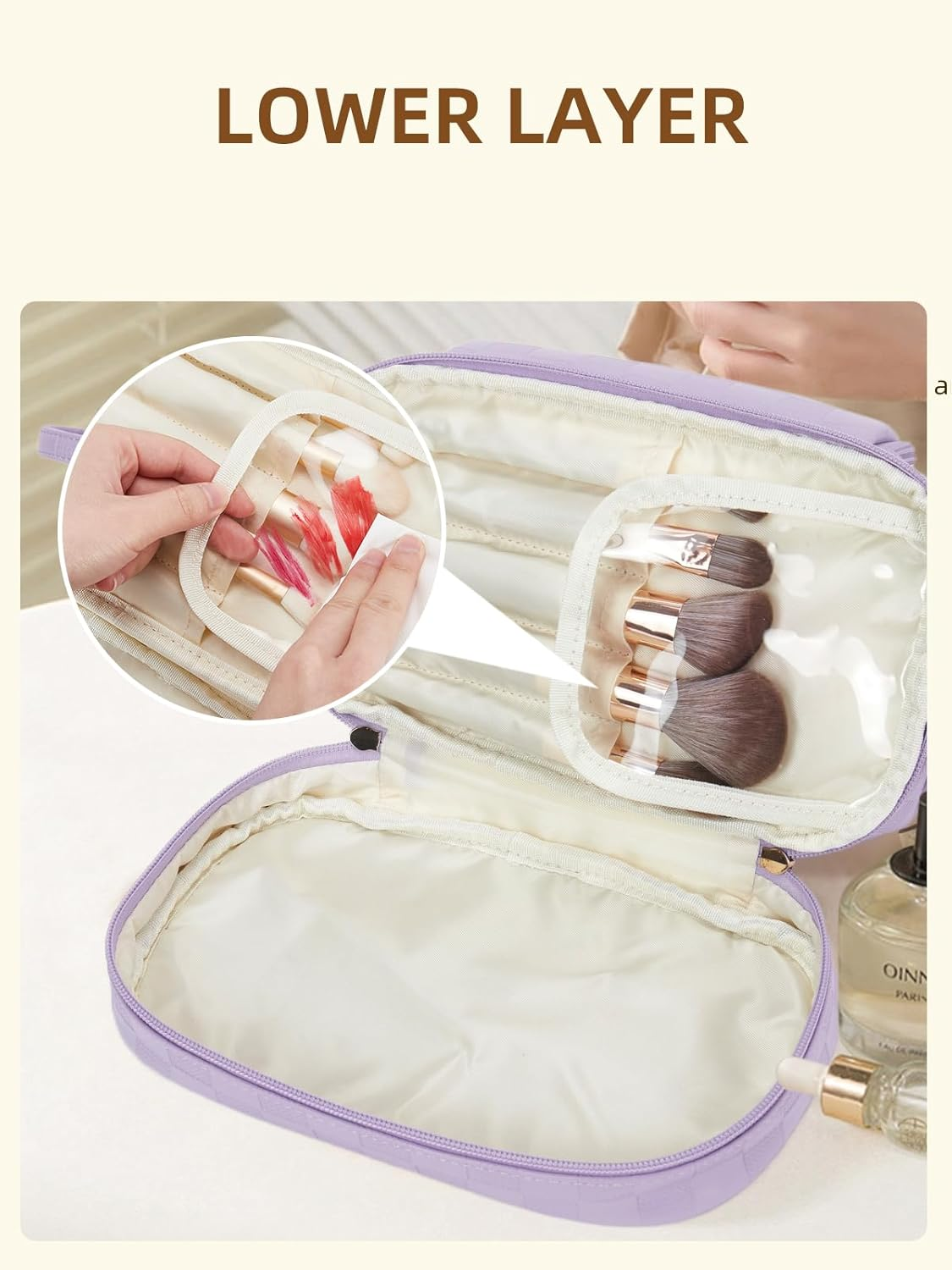 DDPOND Makeup Bag Large Capacity Travel Cosmetic Bags Double Layer Portable Leather Make up for Women (Apricot - Square) - 1 - Beige With Brown image number 2