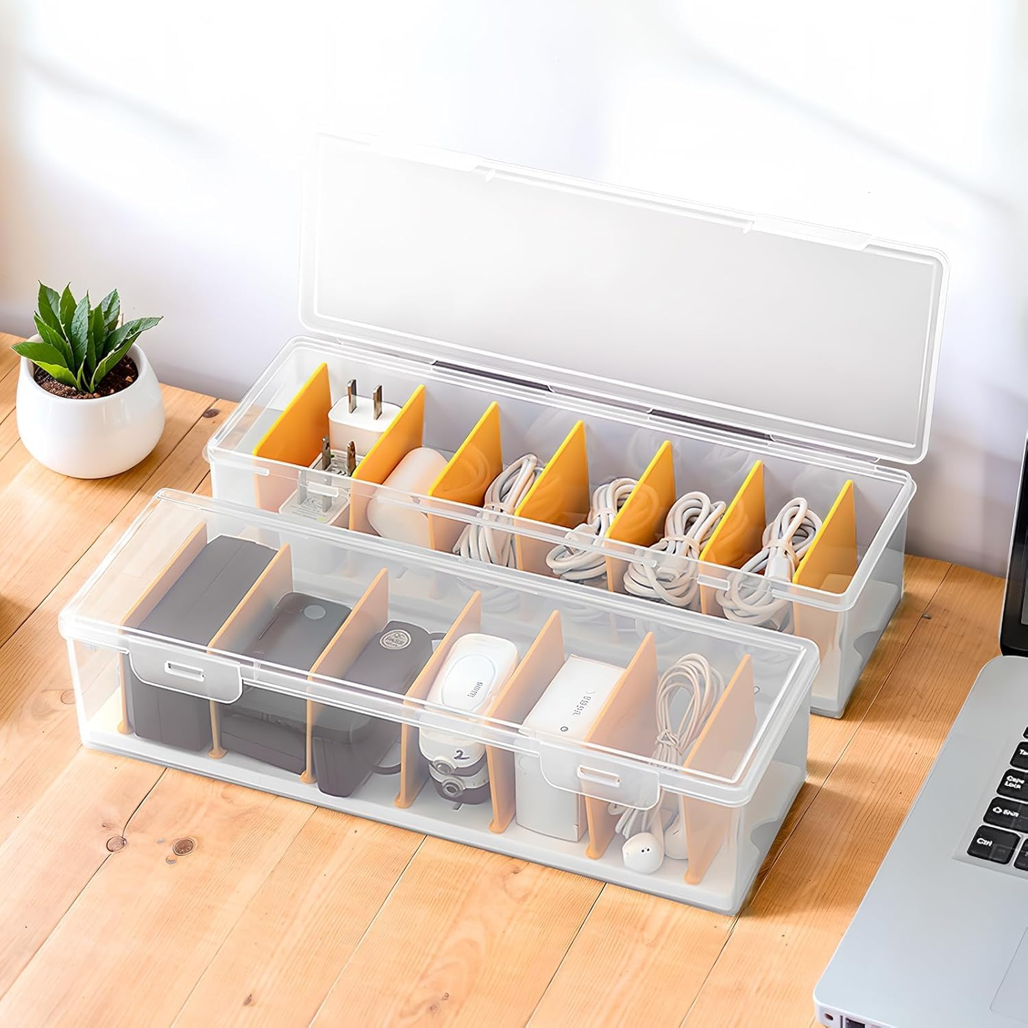 Clear Cable Organizer Box with Lid, Stackable Storage Container for Chargers and Cords, Office Desk Accessories (2) image number 4